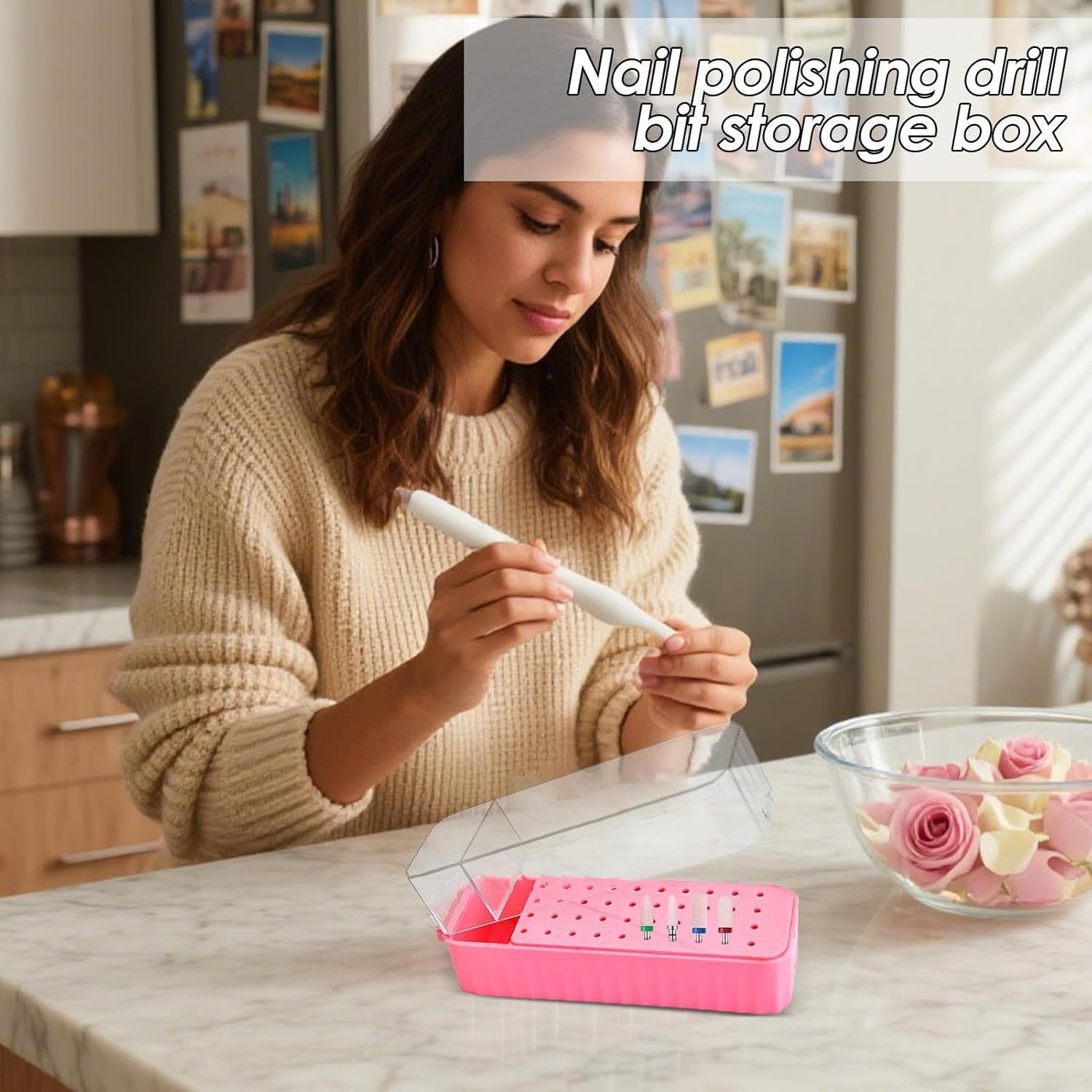 Nail Bit Holder, Drill Bit Organizer, Manicure Storage Case, 40 Hole Compact Design with Transparent Dustproof Lid, Ideal for Gel Removal Pedicure Prep Cuticle Care or Home Stations - Pink image number 3