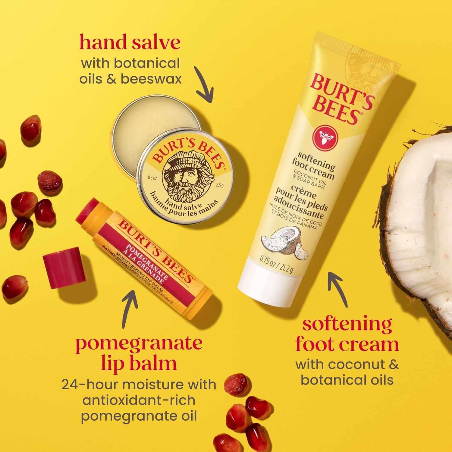 Burt'S Bees Christmas Gifts - Tips and Toes Kit, 6 Travel Size Products for Stocking Stuffers - Pomegranate Moisturizing Lip Balm, 2 Hand Creams, Foot Cream, Cuticle Cream, and Hand Salve image number 2