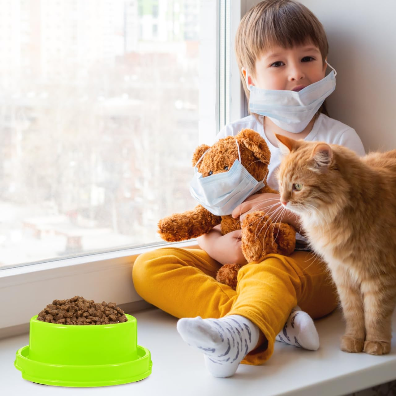 Ipetboom Ants Away Dog Bowl, Plastic Cat Puppy Food Bowls round Pet Food Dish, Ant Proof No Spill Water Feeding Eating Dishs for Small Animals, Green - Yellow image number 4