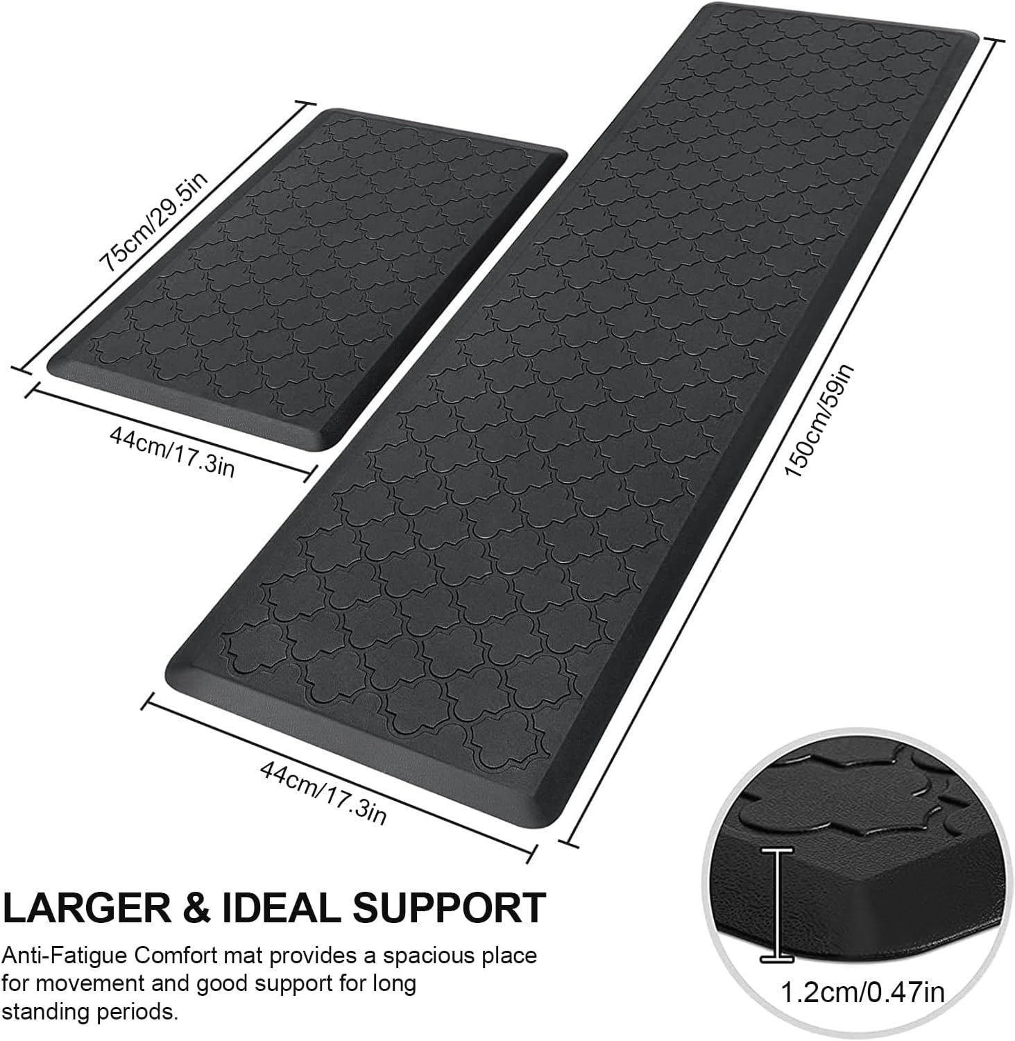 Kitchen Rugs and Mats &mdash; 12Mm Thick Kitchen Floor Mats, anti Fatigue Waterproof for Kitchen, Office & Garage，Non Skid Standing Kitchen Rug 2 Piece &mdash;（44X75Cm+44X150Cm，Black） - Grey image number 5