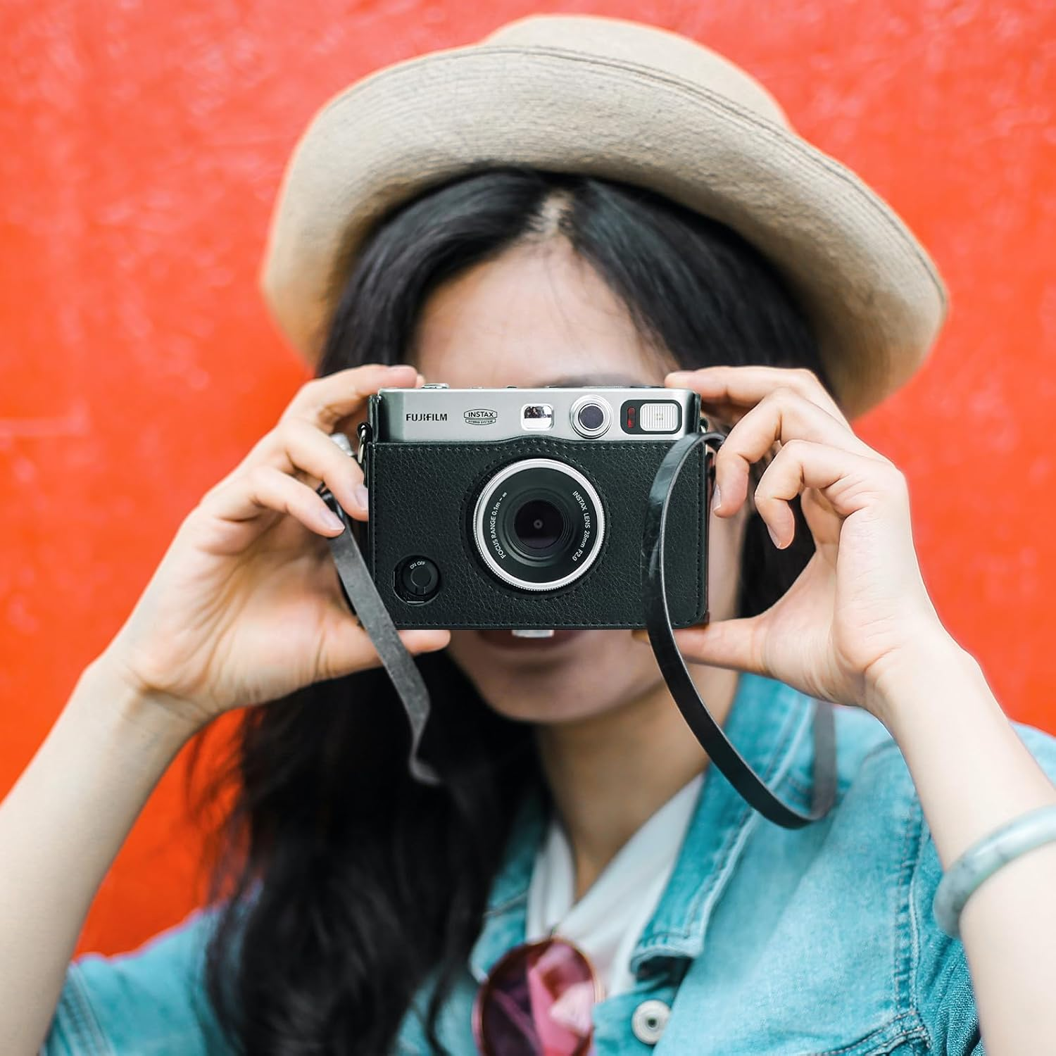 TYUANDOUER Protective Case Compatible with Fujifilm Instax Mini Evo Instant Camera, PU Leather Retro Carry Case for Fuji Instax Mini Evo with Adjustable Shoulder Strapp - Black - Silver image number 3