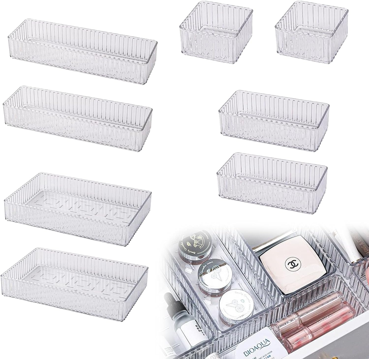 Desk Drawer Organizer 8 PCS Clear Plastic Drawer Organizers Set 4-Size Stackable Stackable Drawer Storage Containers with Non Slip Base for Makeup Office Kitchen Bathroom image number 1