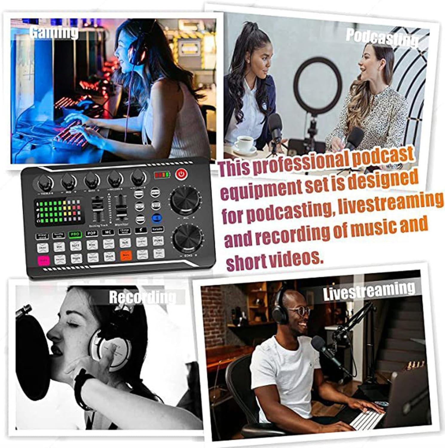 Podcast Production Studio Equipment, Live Sound Card Audio Mixer, Live Sound Board, 16 Fixed Background Special Sound Effects, 7 Recording Modes, 4 Sound Change Functions image number 2