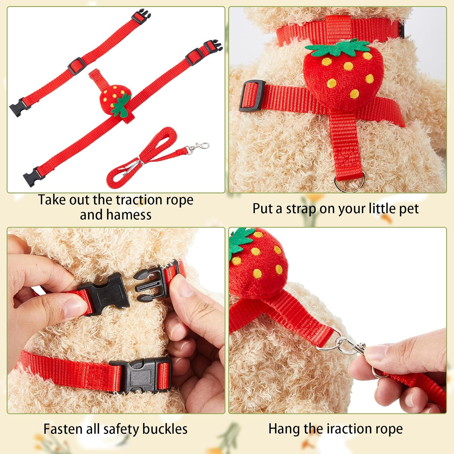 Siltriangle Cole Duck Harness Leash Set Adjustable Walking Cole Duck Harness Rope Pet Vest Cute Strawberry Pattern Outdoor Training Traction Rope for Chicken Rabbit Kitten Pig Puppy Small Animals(Xs) image number 6