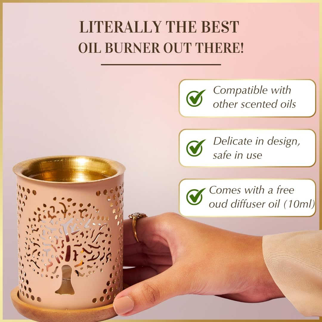 Dukhni Tree of Life Oil Burner | Brass Burner with Candle | Use This Diffuser with Essential Oil & Diffuser Oils | Relax with Home Aromatherapy for Stress Relief, Meditation and Home Fragrance