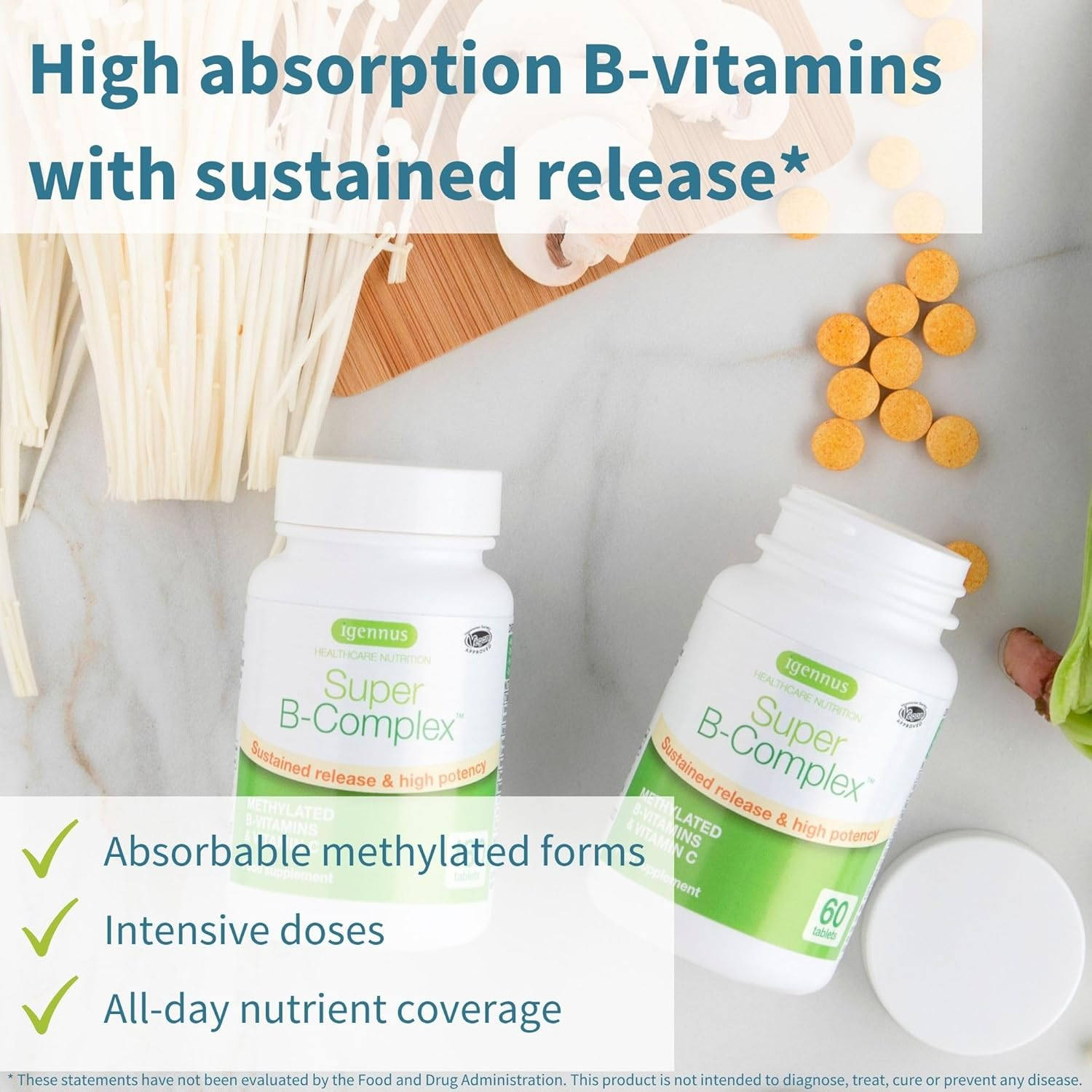 Super B-Complex &ndash; Methylated Sustained Release B Complex & Vitamin C, Folate & Methylcobalamin, Vegan, 180 Small Tablets image number 6