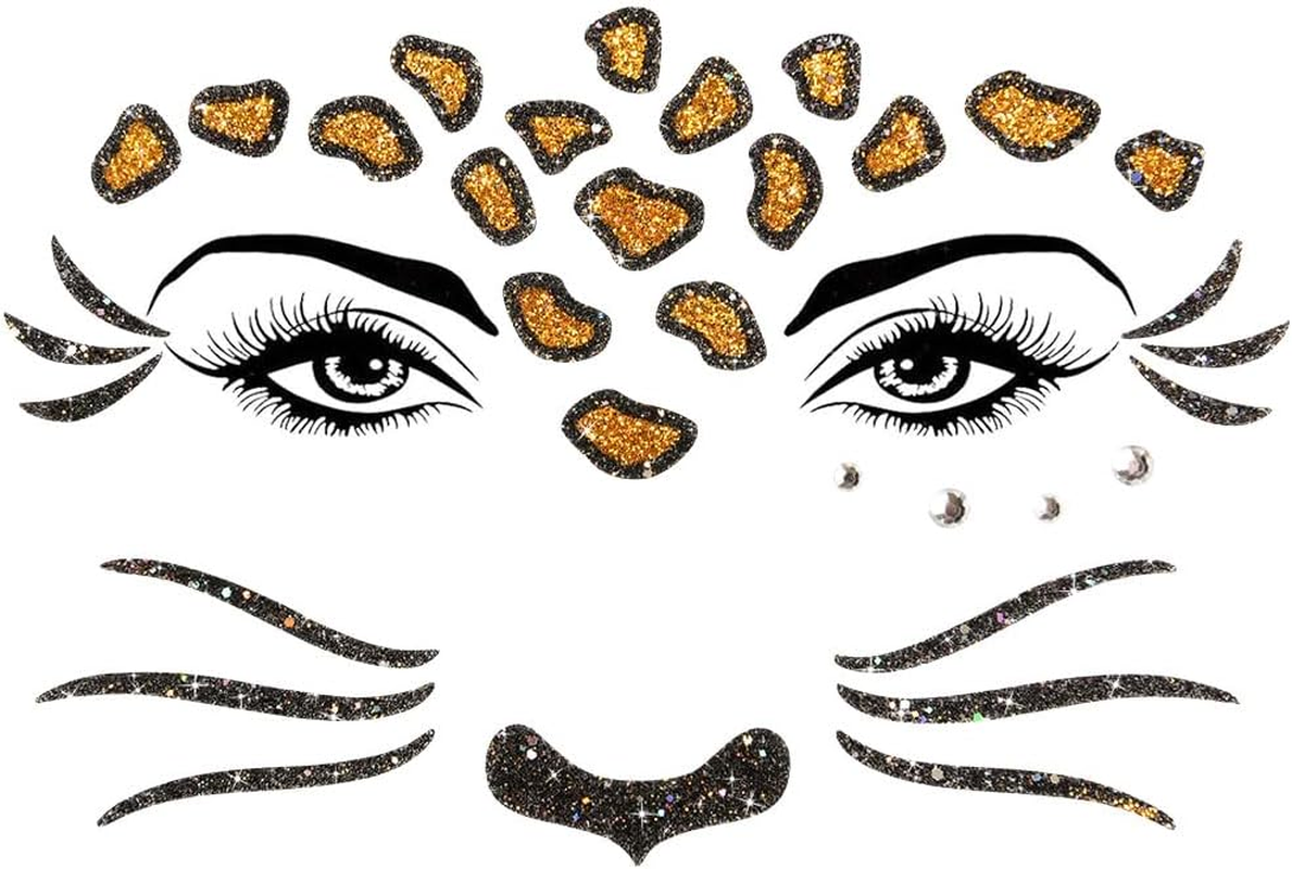 Alaoo Face Tattoo Carnival, Face Art Sticker Leopards, Temporary Tattoos, Tattoo Face, Glitter Stones Face Make-Up, Removable Glitter Face Stickers for Halloween, Theme Party