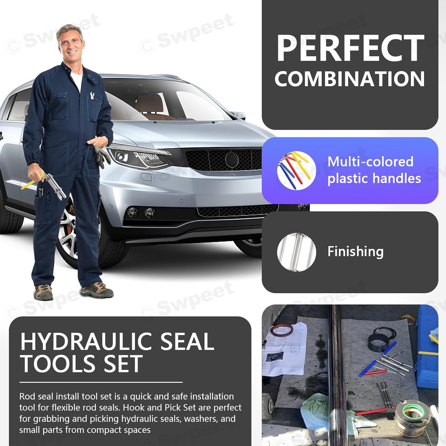 Swpeet 5Pcs Hydraulic Seal Installation Tool Hydraulic Cylinder Piston Repair Seal Tools U-Cup Rod Seal Twister Installation Tool with Pick and Hook Kit O-Rings Install Tool Set for Automotive（S/M/L） image number 6