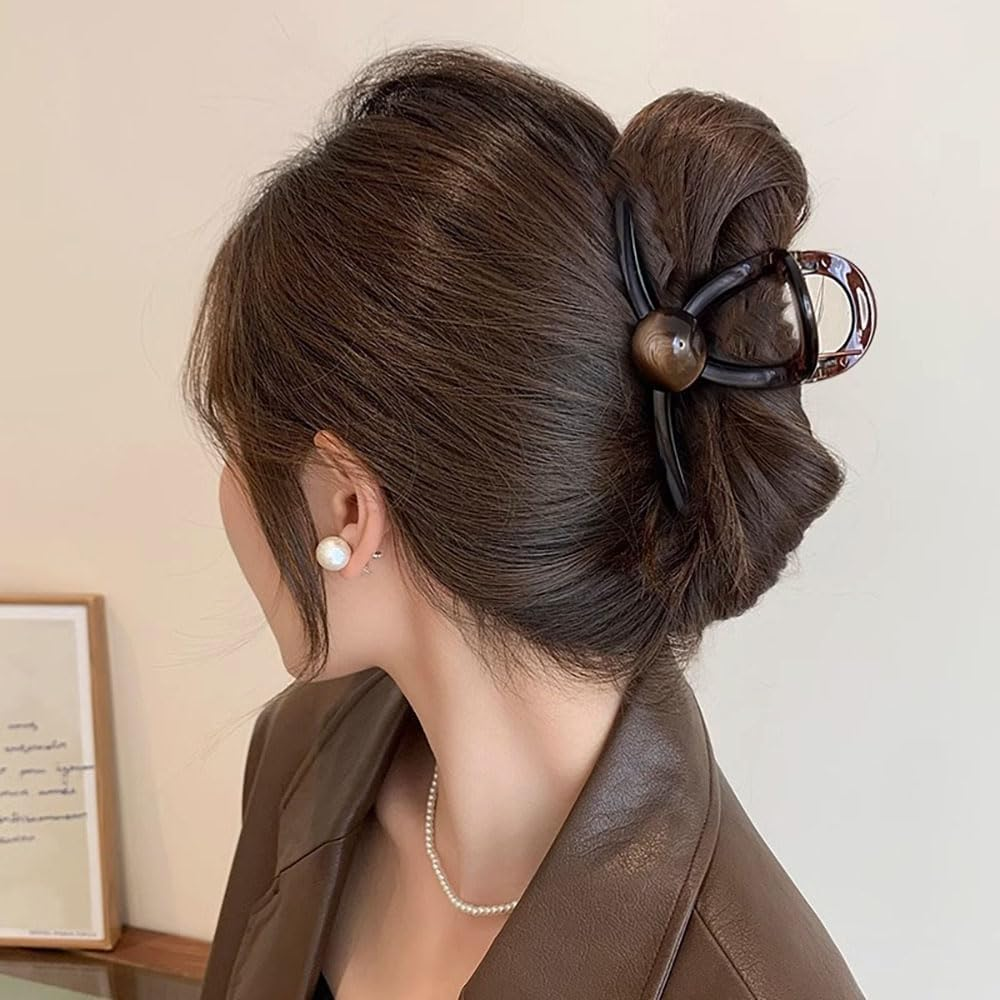 Pack of 2 Hair Clips Large Coffee Brown Colour Hair Clips Women'S Vintage Hair Clips with Pearl 11 Cm Large Hair Clip Big Claw Clip Cute Bead Hair Clip Hair Clips Cute Hair Clips Hair Accessories image number 3