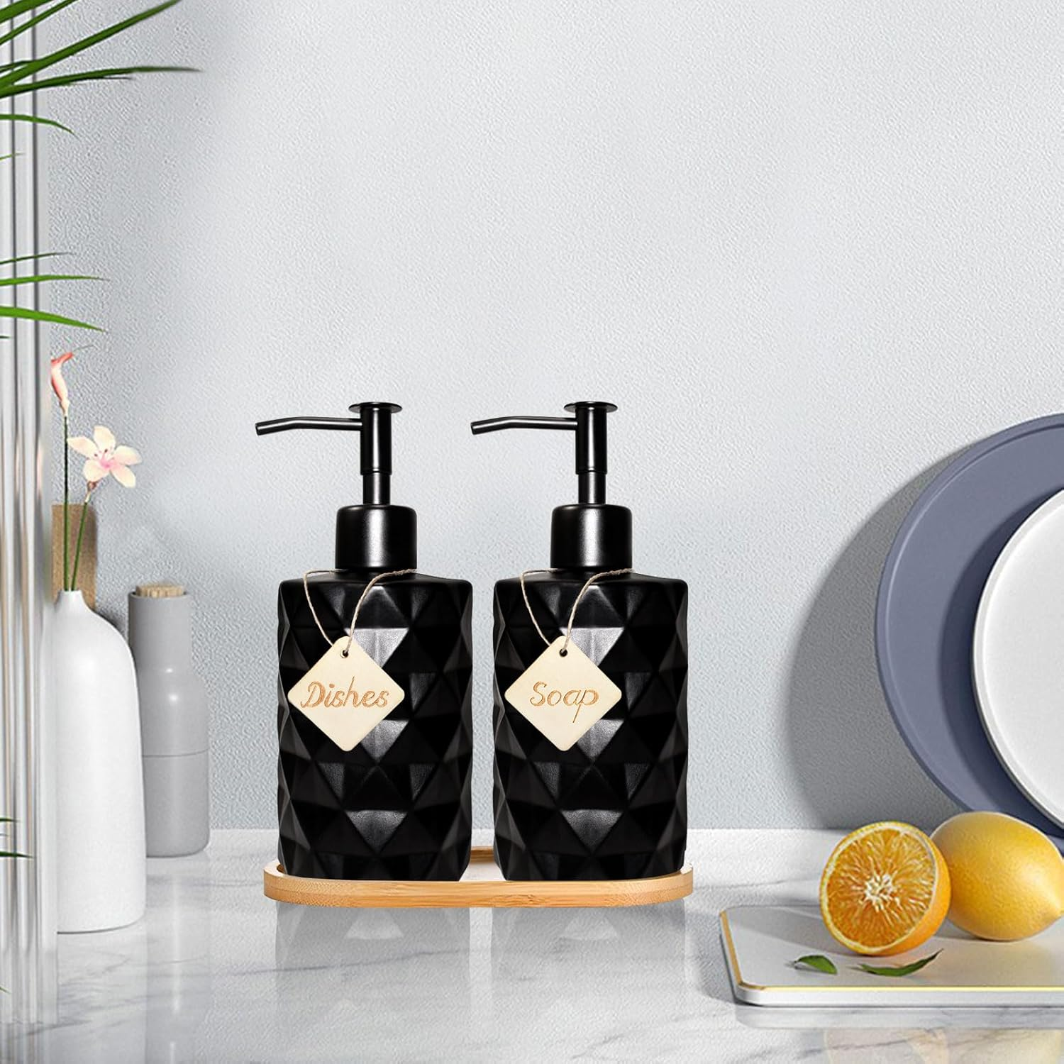 Set of 2 Glass Washing-Up Liquid Dispenser, Soap Dispenser Matte Black with Tray, Soap Dispenser Set, Hand Soap Dispenser, Shower Gel Dispenser for Kitchen, Bathroom, Shampoo, Lotion image number 6