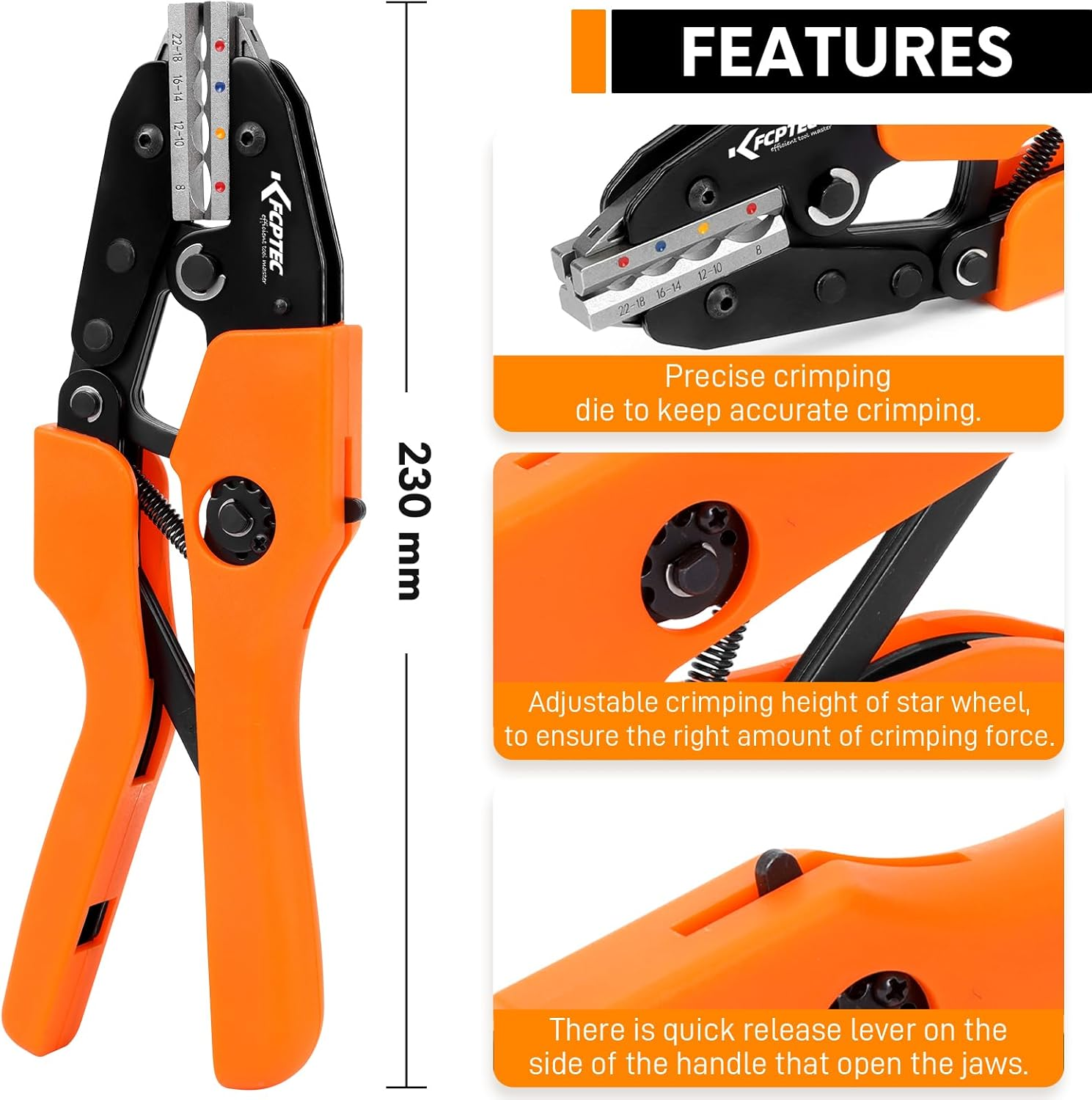 KF CPTEC Crimping Tool for Heat Shrink Connectors - Ratcheting Wire Crimping Tool (AWG 22-8 / 0.5-8.0Mm&sup2;) - Perfect Tool for Electrical Repair, Automotive Wiring and DIY Projects image number 6