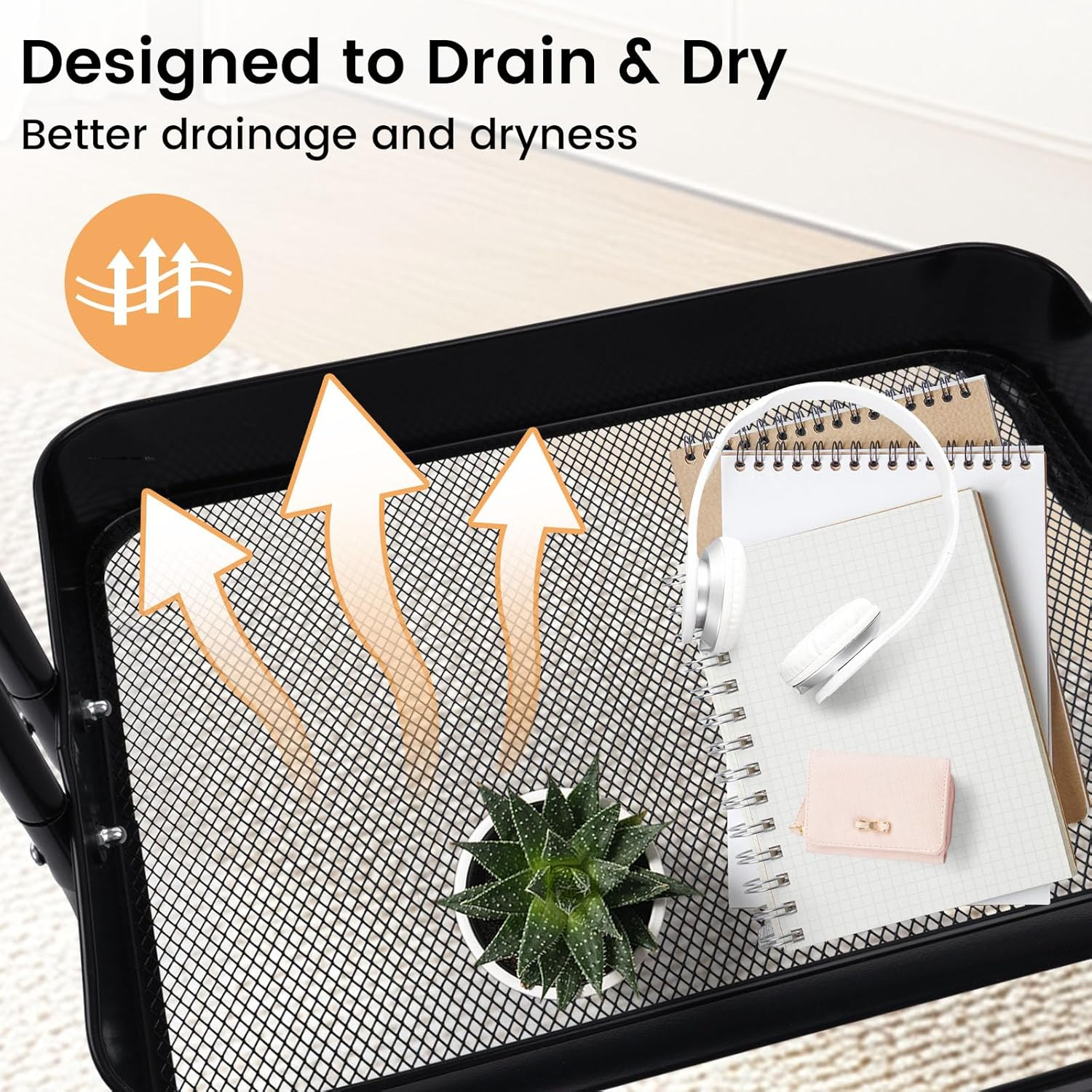 DAWNTREES Black 3 Tier Plastic Basket Trolley with Wheels, Multifunctional Metal Kitchen Storage Trolley, Mobile Storage Rack, Suitable for Office, Home, Kitchen, Garden image number 2