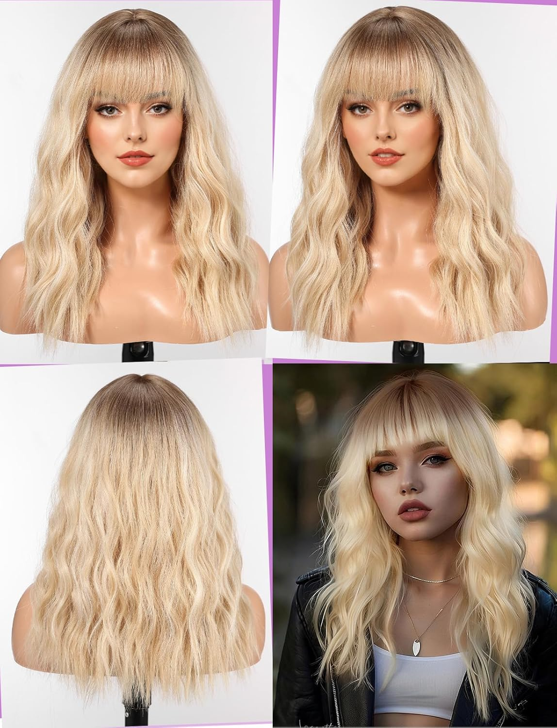 WOKESTAR Long Wig with Fringe Synthetic Wavy Wigs for Women Blonde with Highlights Color image number 4