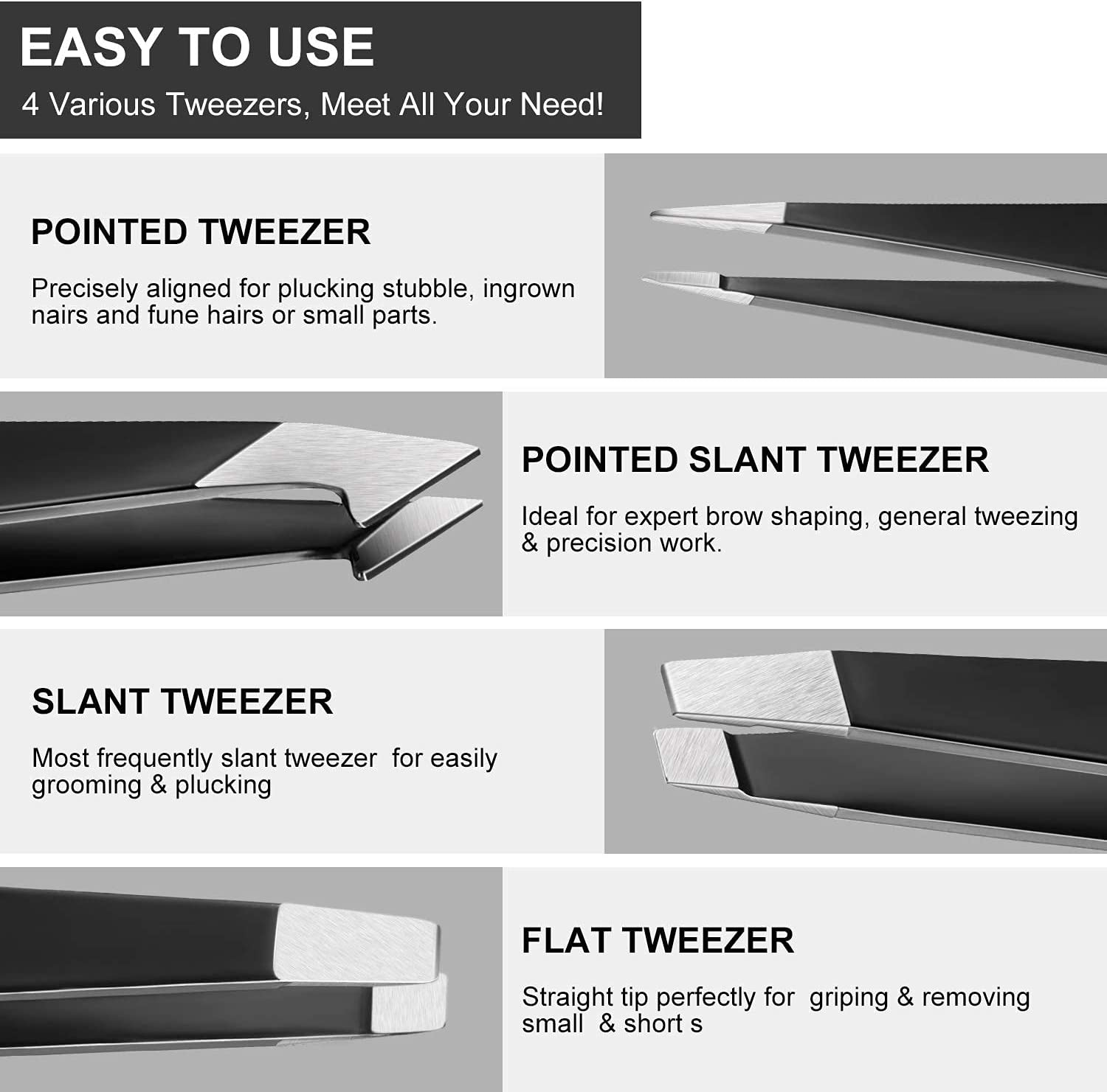 Eyebrow Tweezers Set - 4 Piece Stainless Steel Professional Tweezers for Eyebrows Facial Hair & Ingrown Hair Removal Splinter & Tick Remover False Eyelashes Tools for Men and Women (Black) - Black image number 6