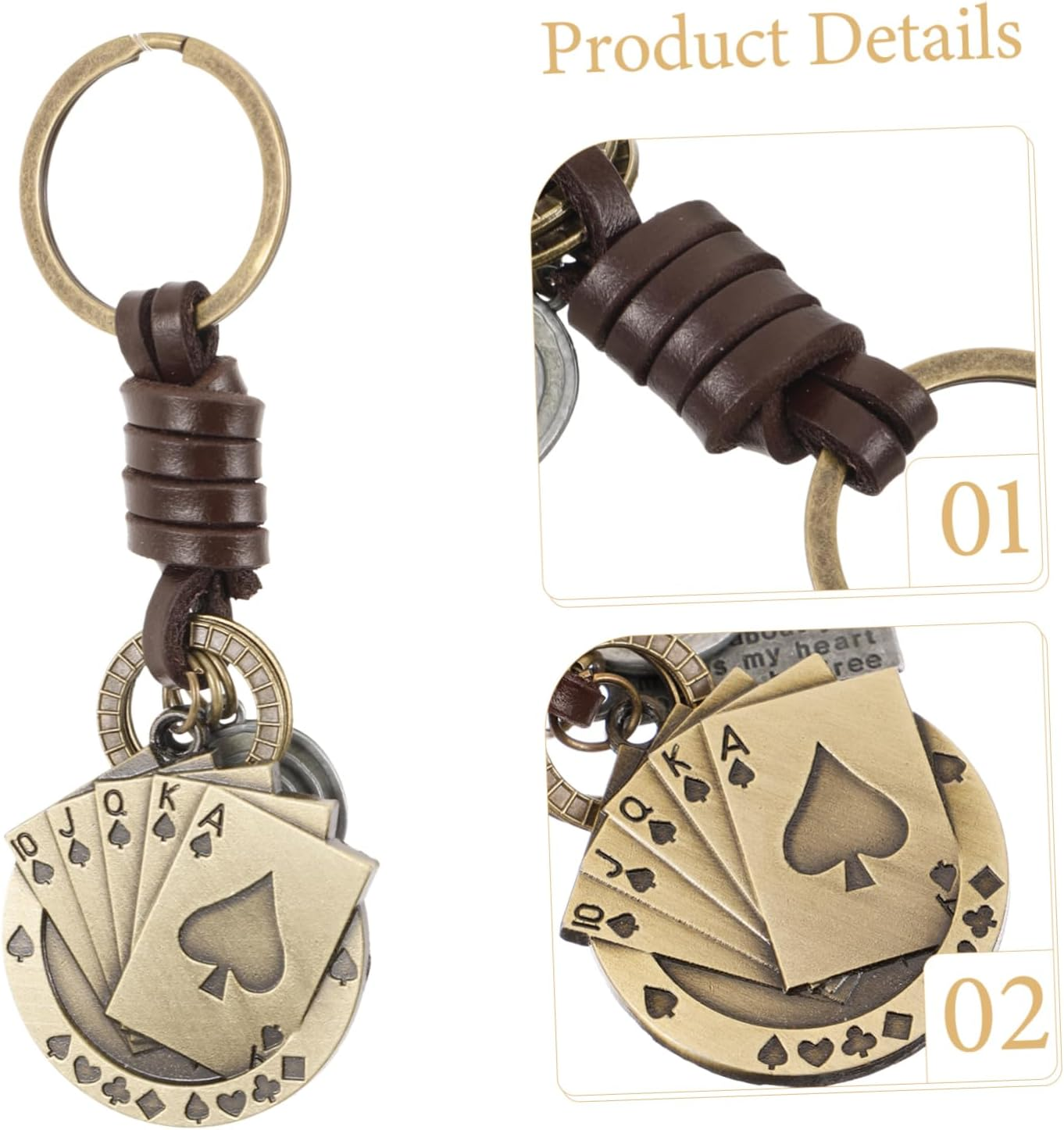 SAFIGLE Vintage Leather Poker Cards Keychain for Men, Small Handmade Woven Car Key Ring with Bag Hanging Decoration, Creative Retro Key Pendant Suitable for Adults and Backpack Accessories image number 3