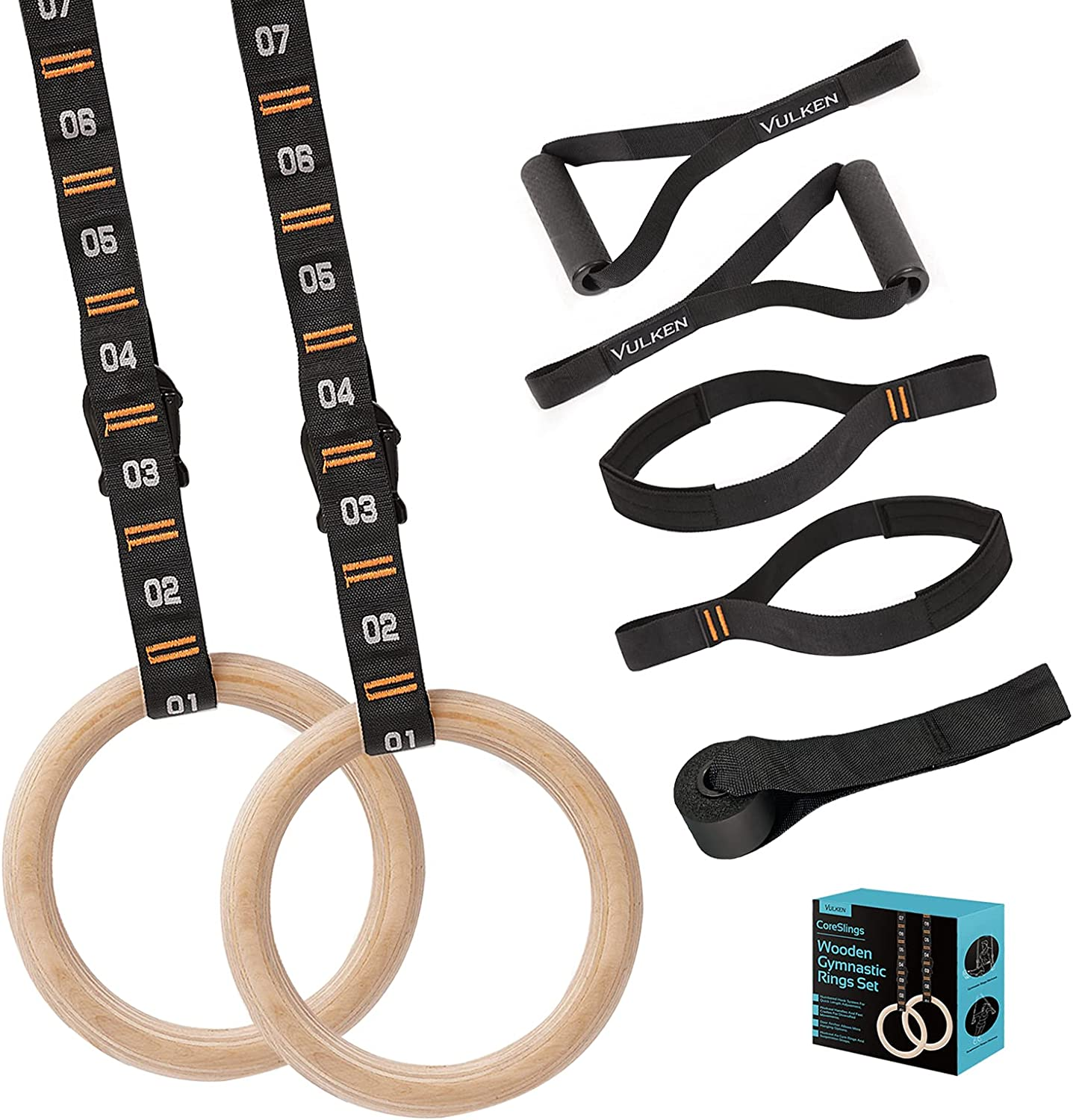 Vulken Wooden Gymnastic Rings with Adjustable Numbered Straps. 1.1'' Olympic Rings for Core Workout, Crossfit, and Bodyweight Training. Home Gym Rings 1600Lbs with Workout Handles image number 3