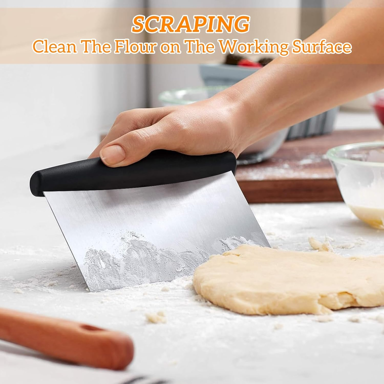 Shanghigh Dough Scraper and Cutter - Multi-Purpose Bench Scraper/Chopper with Measuring Scale, Stainless Steel Kitchen Essential Baking Cooking Tool for Bread, Pizza and Cake, Food Cutting Tool image number 1