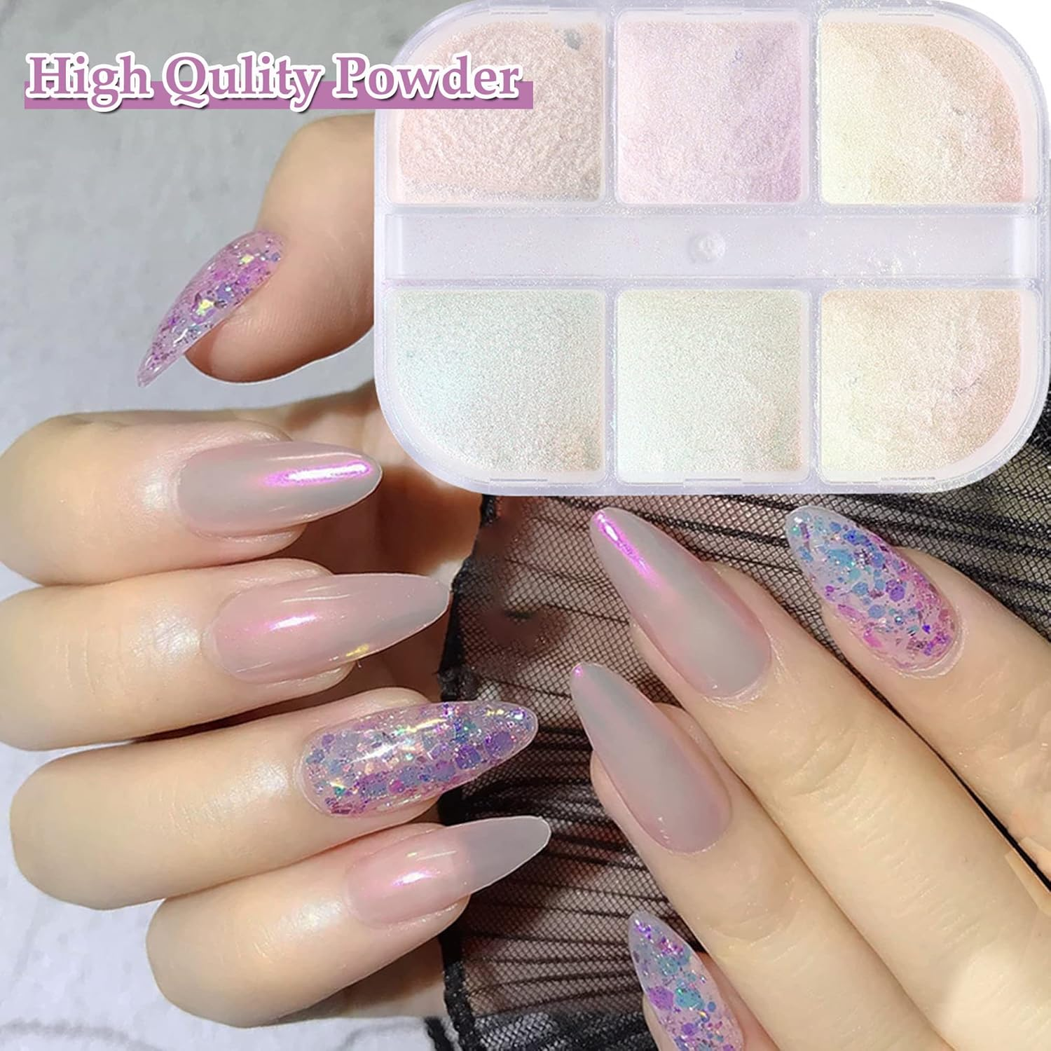 6 Colours Chrome Nail Powder, Pearl Powder Nail Glitter Powder, Nail Mirror Powder Nails Glitter Neon Pearl Effect, Chrome Pigments for Nail Art image number 2