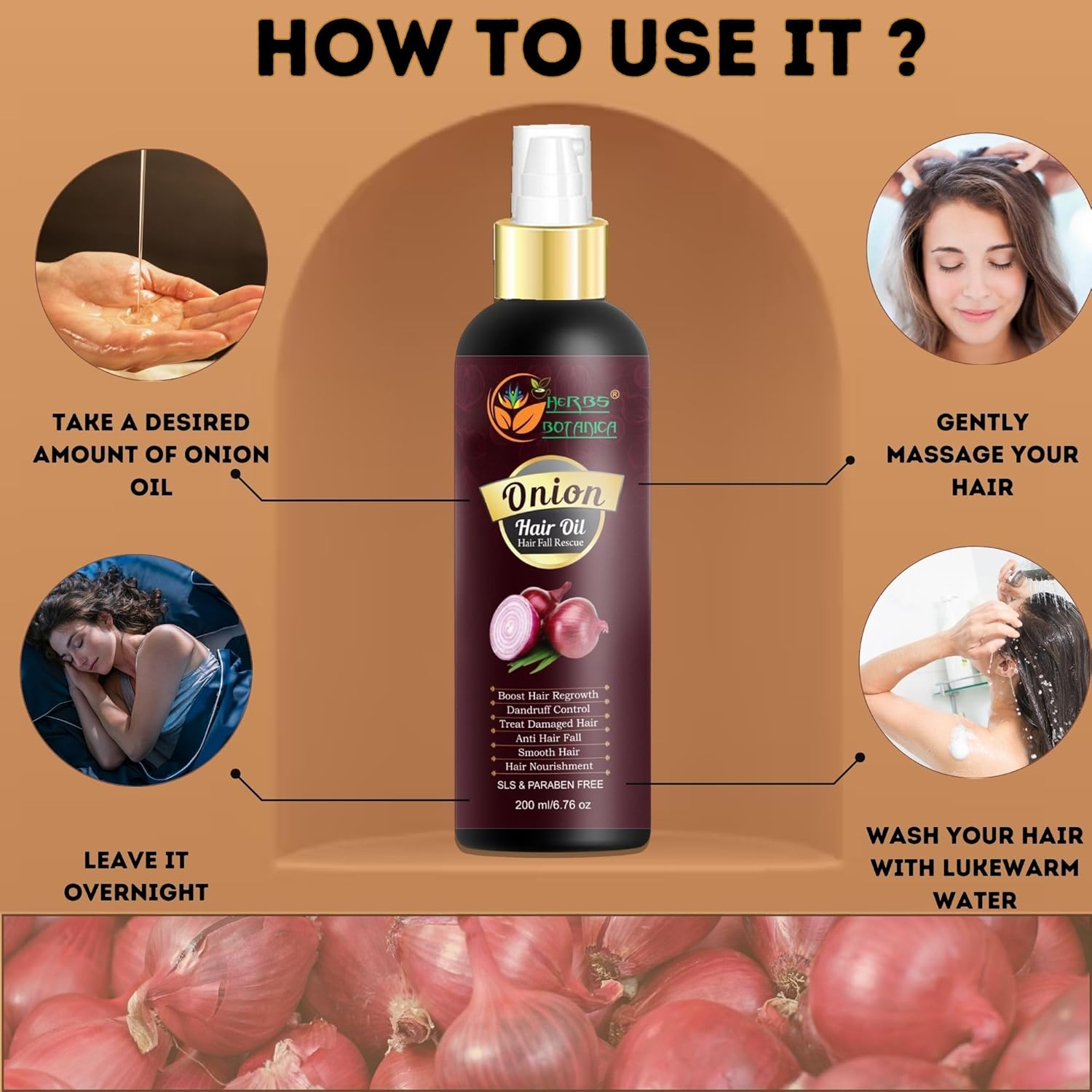 HERBS BOTANICA Red Onion Hair Oil with Black Seed Oil, Jojoba, Argan, Tea Tree, Sandalwood, Rose - Hair Growth Essentials and Hair Loss Control, 6.76 Fl Oz image number 5