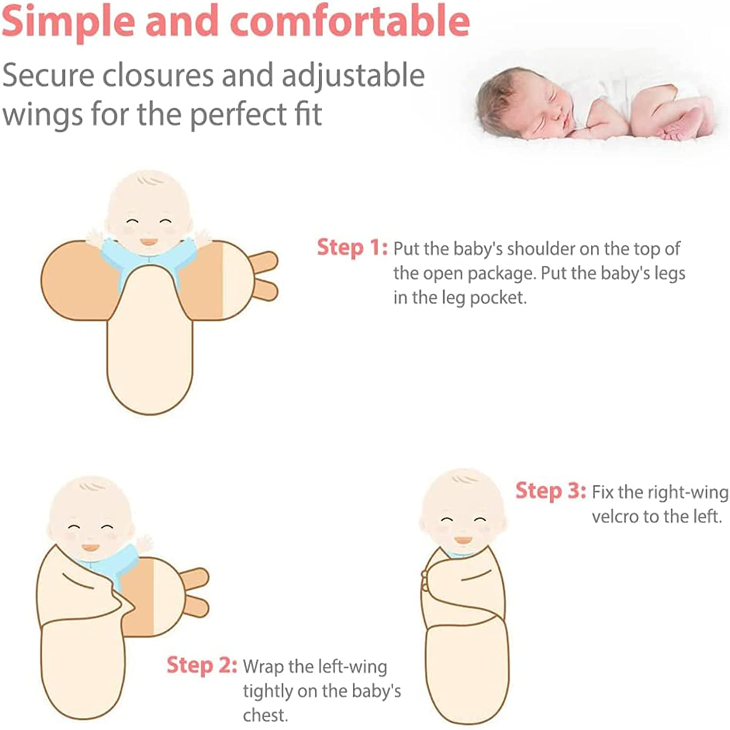 Baby Swaddle Wrap, 3 Pcs 73X56Cm Newborn Swaddle Blanket Wrap, 0-3 Months 100% Breathable Cotton Swaddlers Sleep Sack with Adjustable Wings for Baby Boys and Baby Girls image number 2