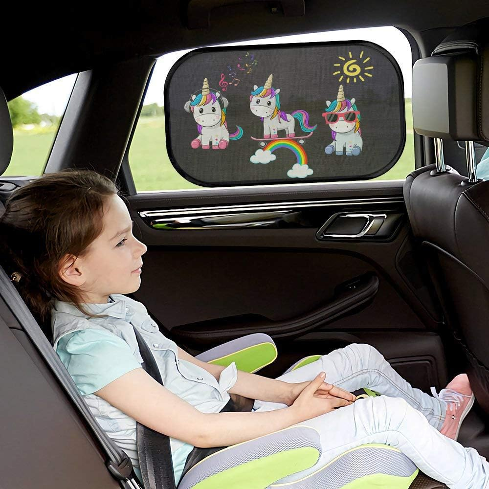 Izoel Car Sun Shade for Baby Kids 2 Pack Static Cling Side Window Car 80GSM Rear Sunshades Universal with 8 Suction Cups and Storage Bag - Sun Glare and UV Rays Protection (Unicorn) - Black image number 6