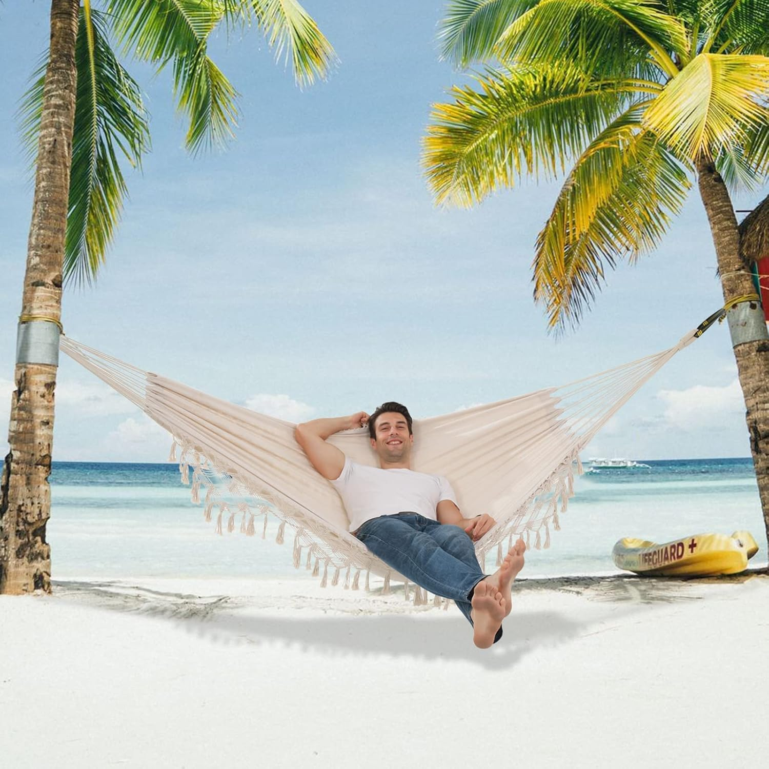 Hammock Boho Hammock Deluxe Double Hammocks Hamacas Para Patio 2 Person Portable Hammock with Carry Bag Perfect for Camping Patio, Porch, Bedroom, Yard, Beach, Indoor, Outdoor (Beige) - Black image number 2