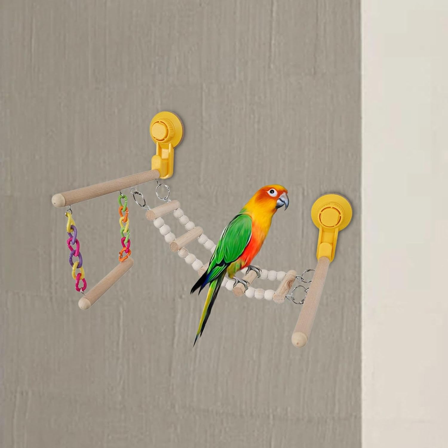 Perfk Suction Cup Wood Perch Toy Activity Center Birdcage Accessories Window and Shower Perch Toys Ladder for Bluebirds Cockatiel image number 6