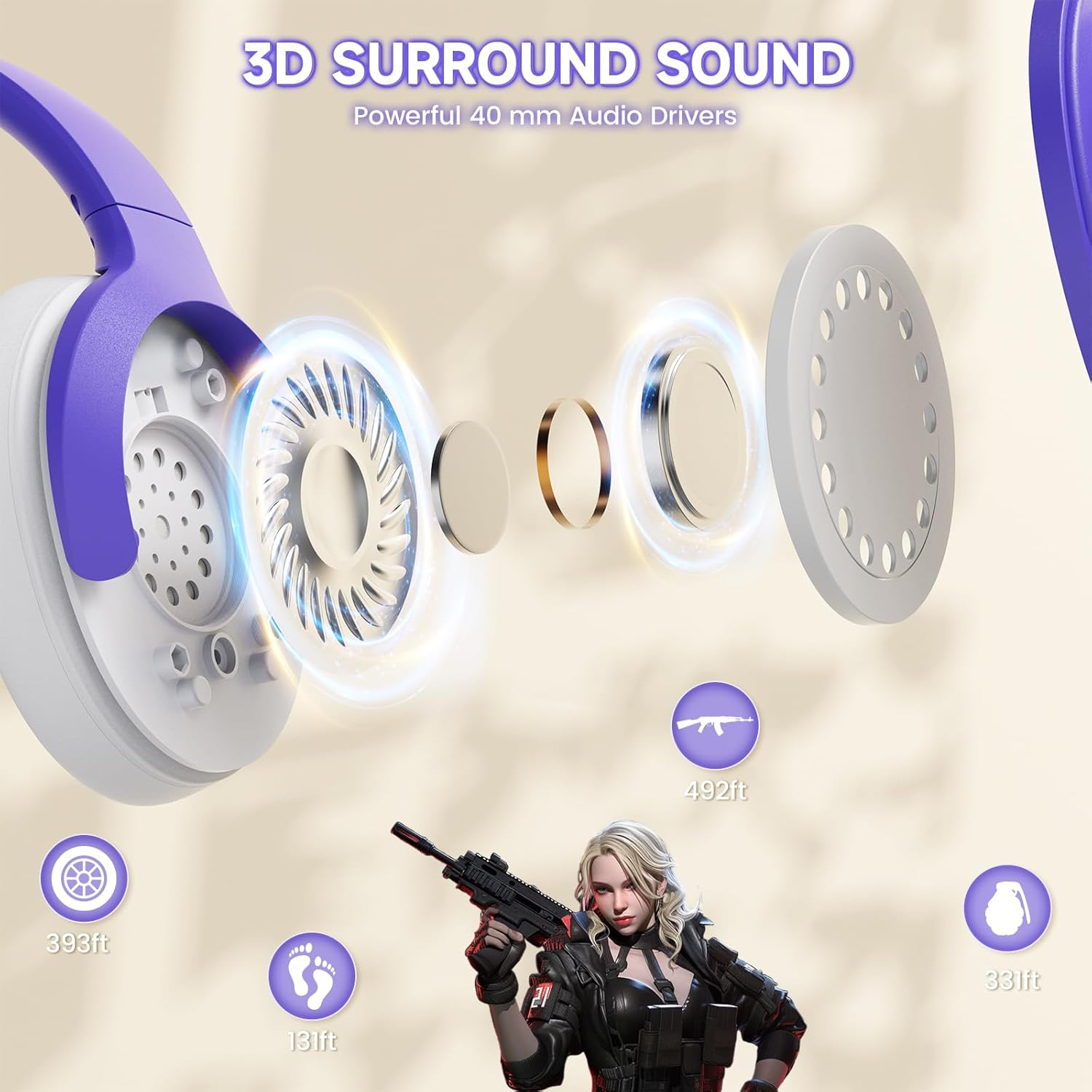 Lexonelec X Attack Shark G300 Wireless Active Noise Cancelling Headset, Bluetooth 5.3 Deep Bass HD Stereo Sound over Ear, 20H Playtime, Built-In Mic Lightweight Design 3.5Mm Gaming Headset(Purple) image number 4