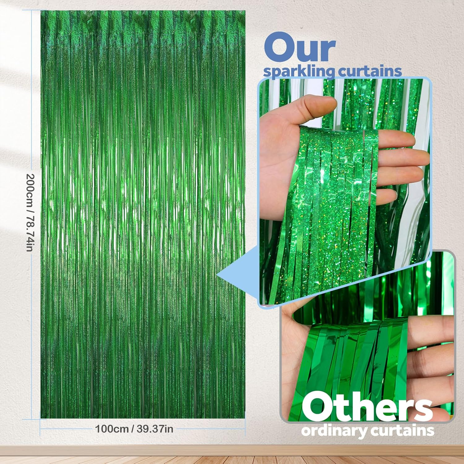 WD&CD 3 Pcs Foil Fringe Curtains Greenl, 3.2Ft X 6.6Ft Metallic Tinsel Foil Fringe Curtain for Graduate Party Halloween Decoration Wedding Girl Princess Birthday Valentine'S Day Christmas - Blue image number 2