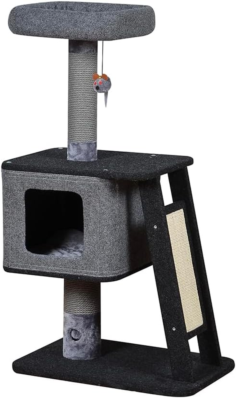 Cattitude Cat Scratch Playground Ramp up Black, 109Cm Height - Cat House, Sisal, Hanging Mouse Pom Poms, Soft Plush Material, Multi-Level Cat Tree image number 3