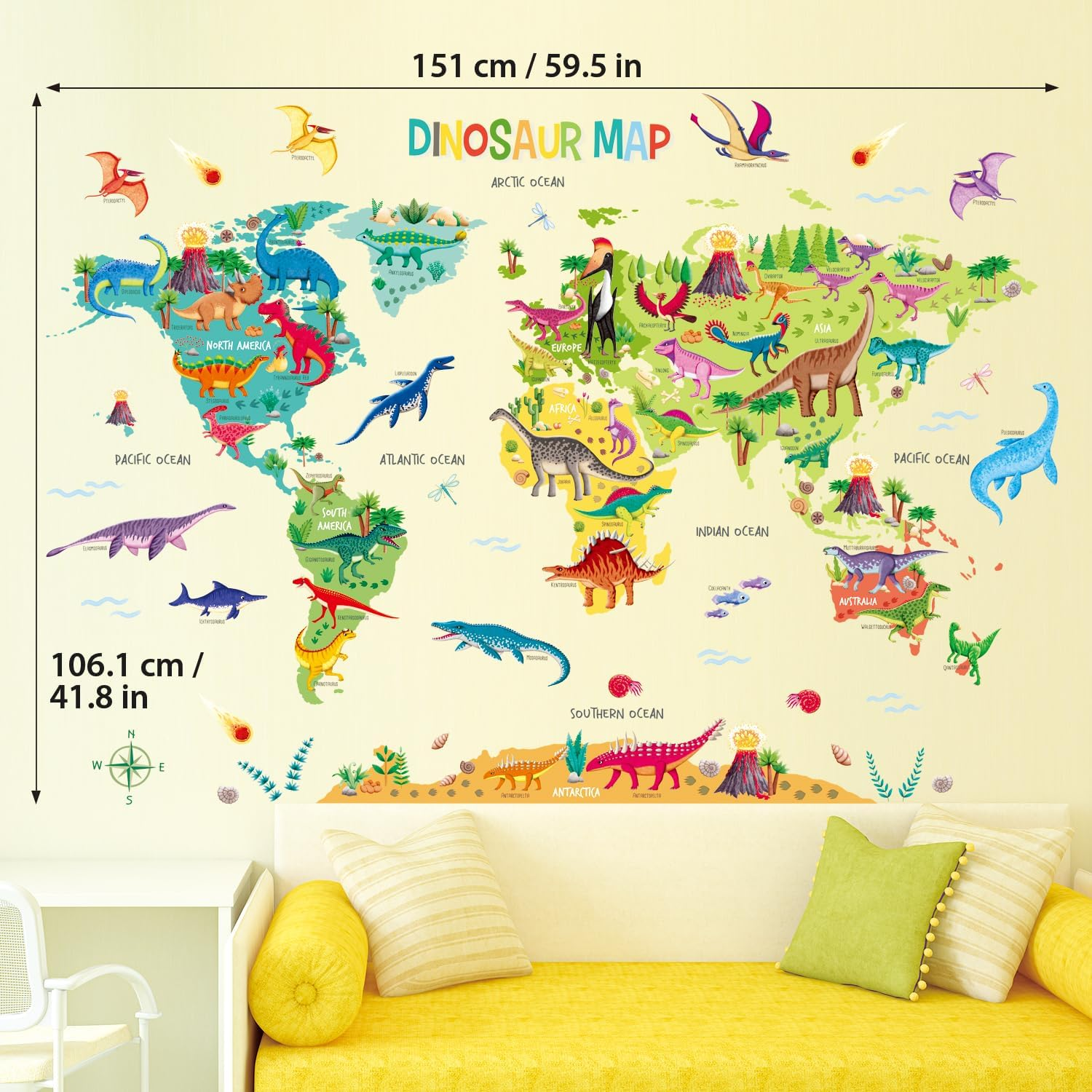 DECOWALL DL3-2415 Xlarge Dinosaur World Kids Wall Stickers (Xlarge 151 X 106Cm) Nursery Educational Decals Home D?Cor Travel Boys International Colorful Learning Nation Worldwide Playroom Bedroom image number 4