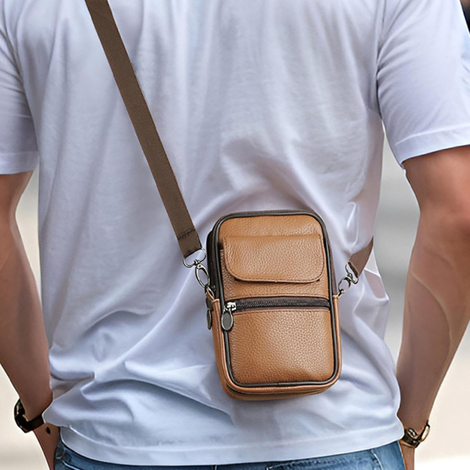 Mens Shoulder Bags,Travel Shoulders Bag Messenger Bag Vintage Genuine Leather Mans Change Purse with Zipper Pocket Waterproof Crossbody Handbag Satchel Sling Pack for Leisure,Festivals and Travel - Brown (6041) image number 2