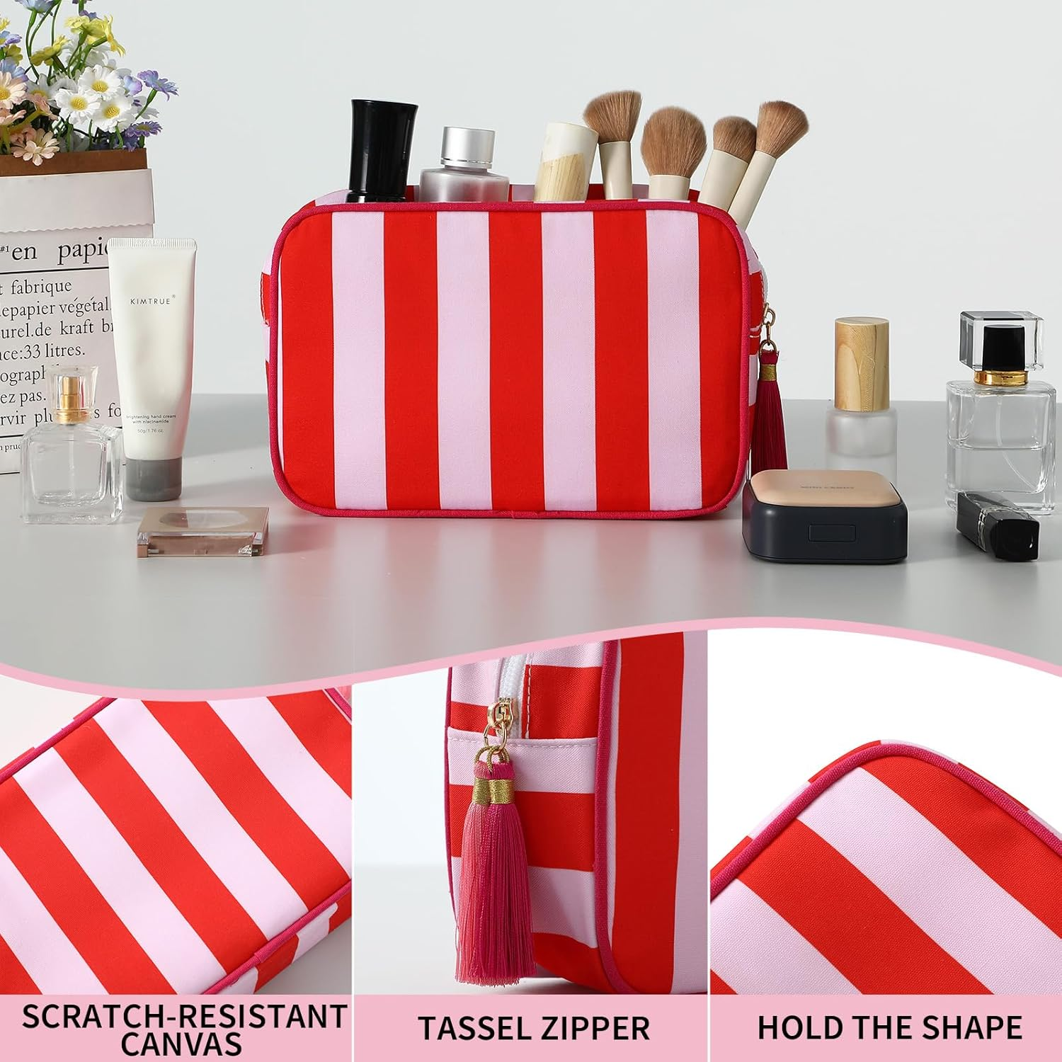 EMBRUNIOICE Stripe Makeup Bag Travel Cosmetic Bag Organizer Tassel Toiletry Bag Large Canvas Zipper Pouch and Accessories Storage Bag for Women, Red& Pink - Blue Bow image number 4