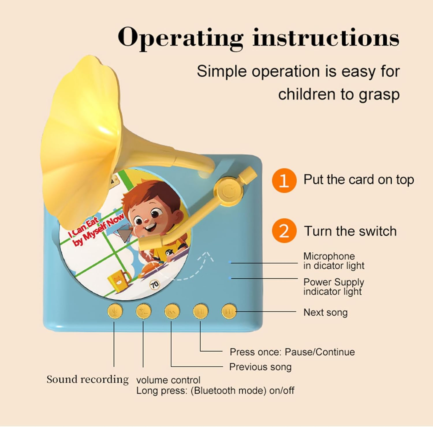 Sweako Kids Gramophone with 96 Cards, Kids Phonograph Record Player, Kid Phonograph Book with Sound, Musical Sensory Toy with Story Music Player for All Boys and Girls Aged 3-12 (Pink) image number 1