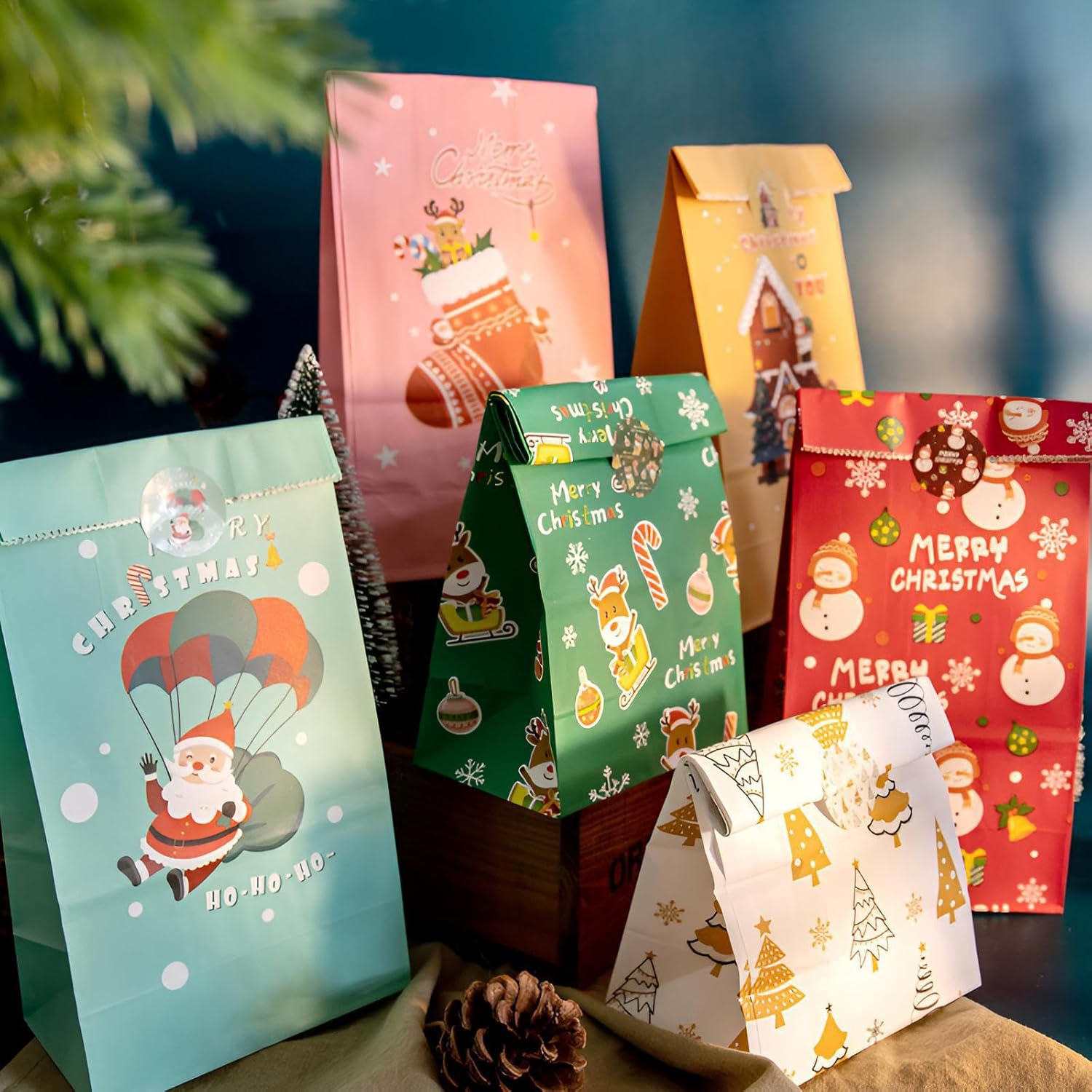 Oundarm 24PCS Christmas Paper Gift Bags Bulk with 24 Stickers Xmas Multicolor Goodie Paper Bags for Kids Assorted Candy Treat Gift Bags for Party Favor Supplies Christmas Holiday Decorations image number 2