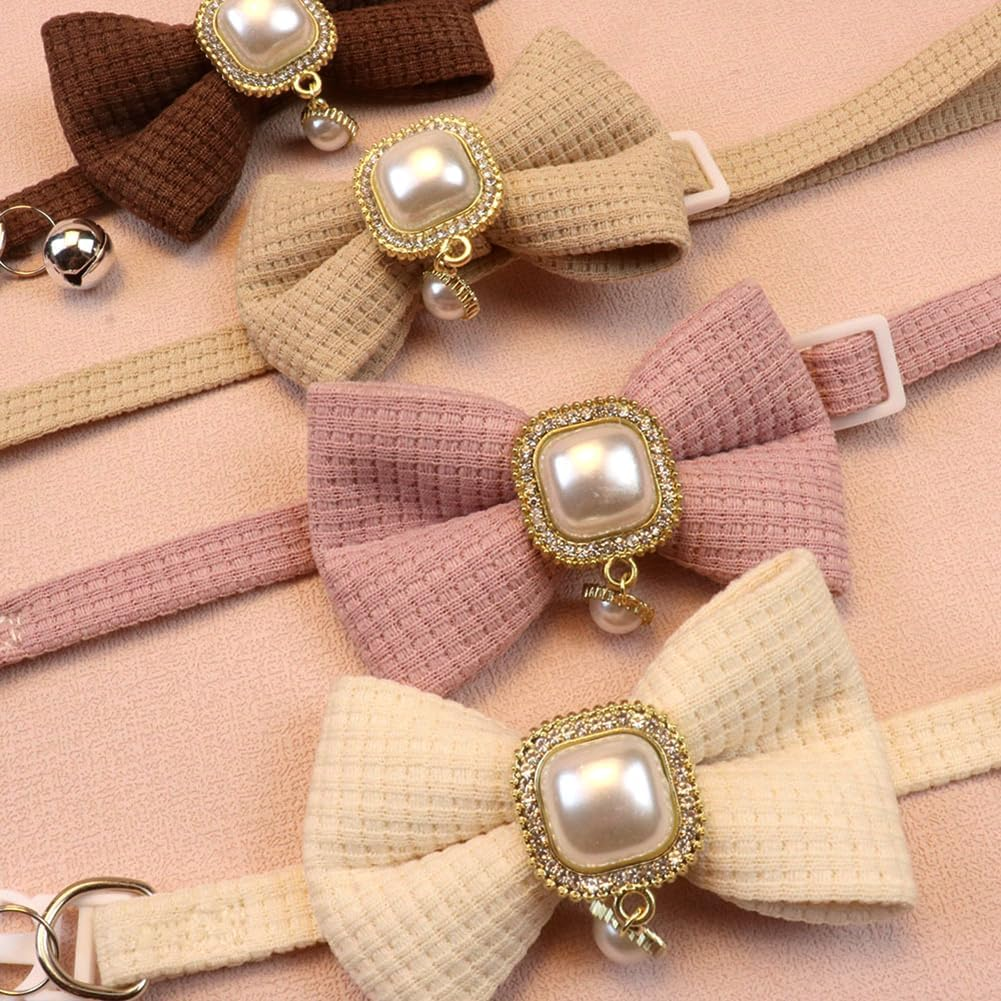Cat Collar with Bow Vintage Style with Bell, Pearl Pendant, Kitten Collars, Small Dogs, Bow Tie, Collars, Cute Bowknot, Puppy Collars, Adjustable Rabbit Collars image number 2