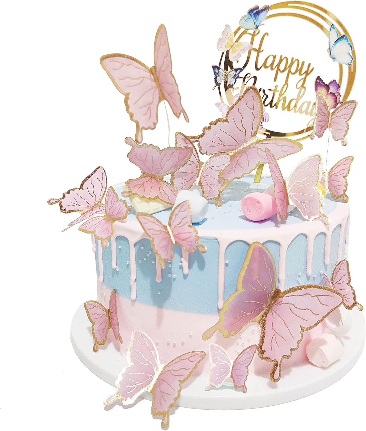 Butterfly Cake Toppers Decorations - 1 Big Happy Birthday Cake Topper & 15Pcs 3D Pink Gold Butterfly Cupcake Toppers - Butterfly Party Supplies for Baby Shower Birthday Decorating image number 5