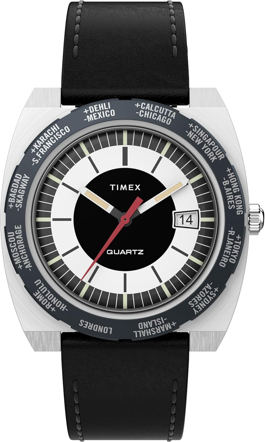 TIMEX Men'S World Time Reissue Leather Strap Watch, Black, 39 Mm image number 1