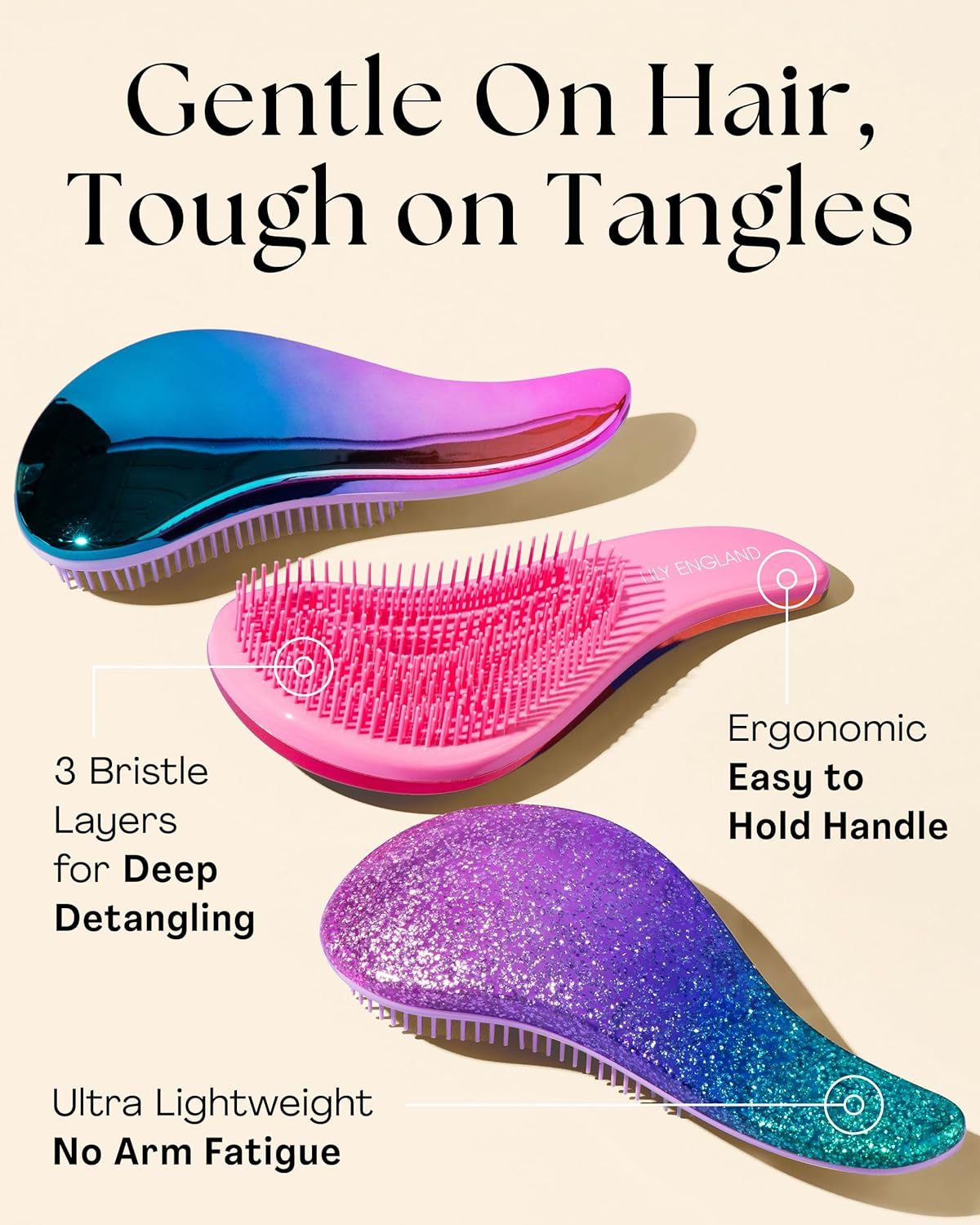 Lily England Detangling Comb & Hair Brush Set - Wide Tooth Comb for Curly, Straight, Thick, Fine & Wet Hair - Gentle & Pain-Free Detangler for Women & Kids - Lightweight Haircare Tools, Rose-Gold - Blue/Lilac image number 5