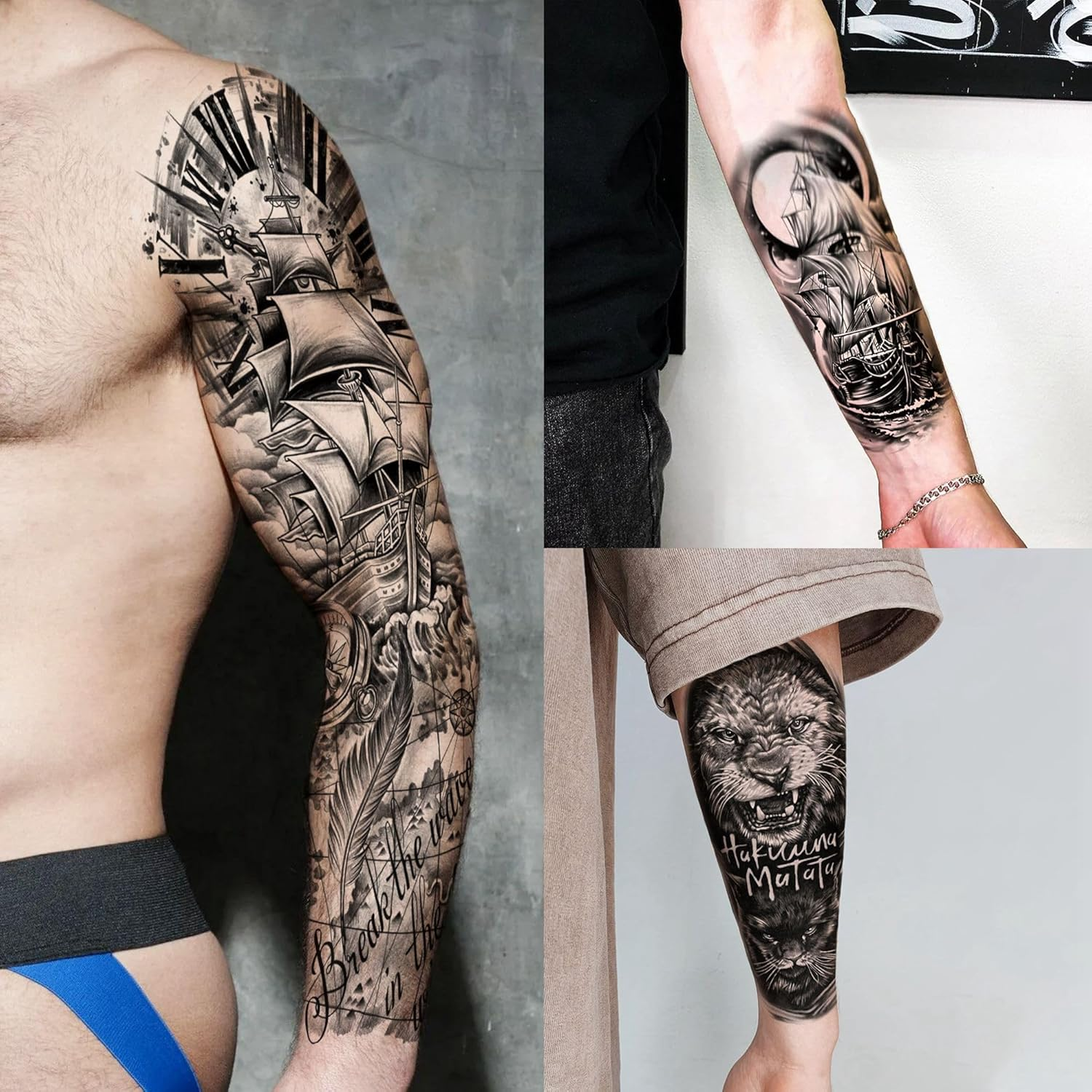 20 Sheets Black Wolf Tiger Lion Full Arm Temporary Tattoos Men Women Adhesive Tattoos Adults Ship Zeus God Rose Flower Half Sleeve Adhesive Tattoos for Sticking, Waterproof Fake Tattoo Stickers image number 2