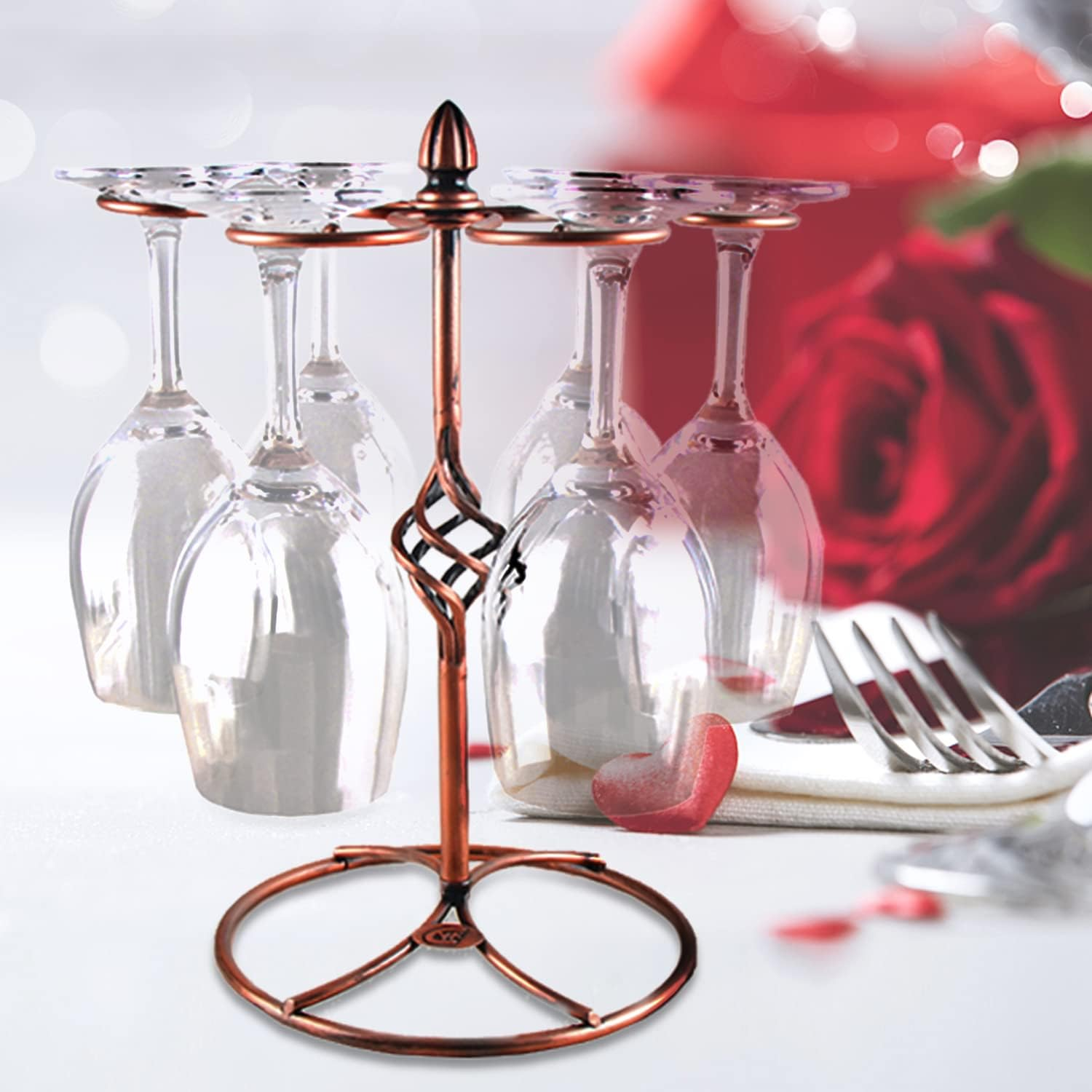 Wine Glass Stand Racks Holder- Elegant Freestanding Stemware Holder Stand with 6 Hooks for Home and Bar Storage and Artistic Tabletop Display, Metal Wine Glass Holder (Bronze) image number 6