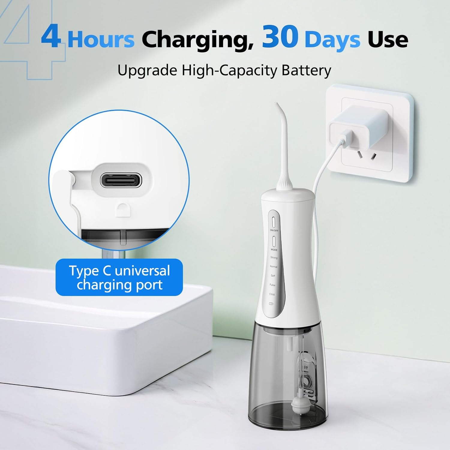 Water Flosser Oral Irrigator for Oral Care with 6 Tips 5 Modes 350Ml Ultra Water Tank IPX7 Waterproof Rechargeable and Portable Cordless Deep Clean Teeth for Home &Travel - White+Grey image number 6