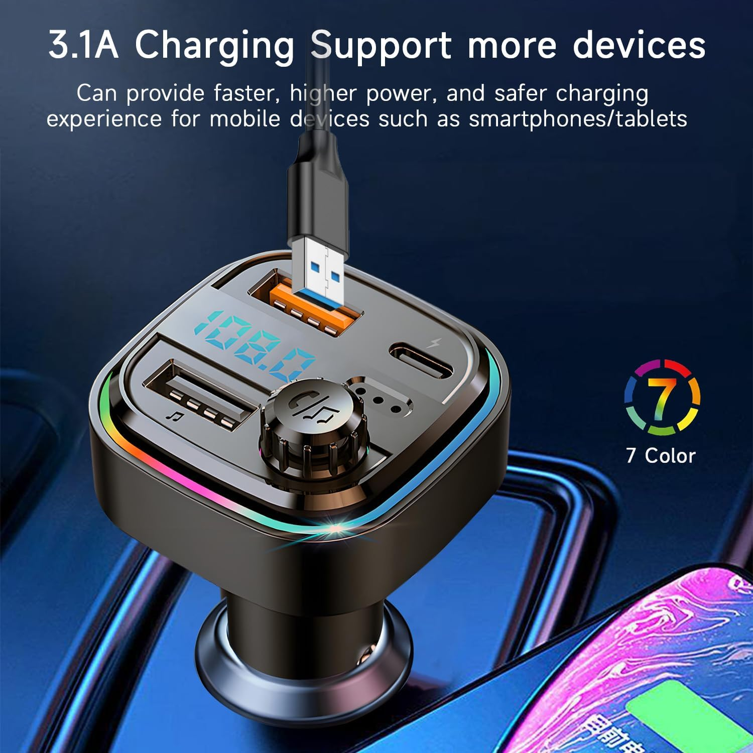 QUMOX Bluetooth FM Transmitter for Car, C26 Model, Hands-Free Calling, USB-C Fast Charging, 7-Color Ambient Light, Support MP3/WAV/FLAC, Dual USB Ports, Compatible with 12V&ndash;24V Vehicles image number 3