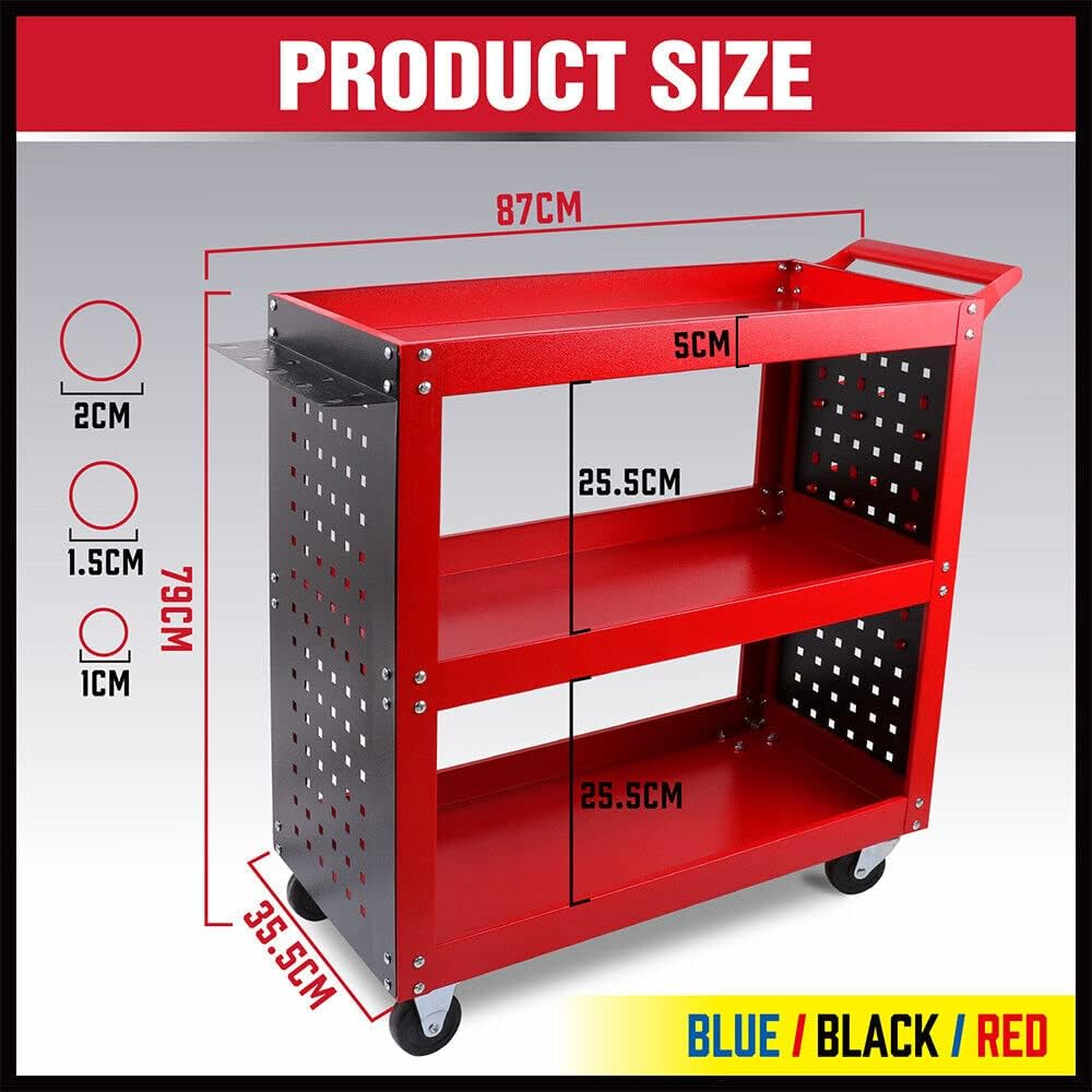 HORUSDY 3-Tier Tool Storage Trolley, Workshop Steel Cart Mechanic Swivel Lock Wheel with Pegboard, Hooks and Screwdriver Holder (RED) image number 4
