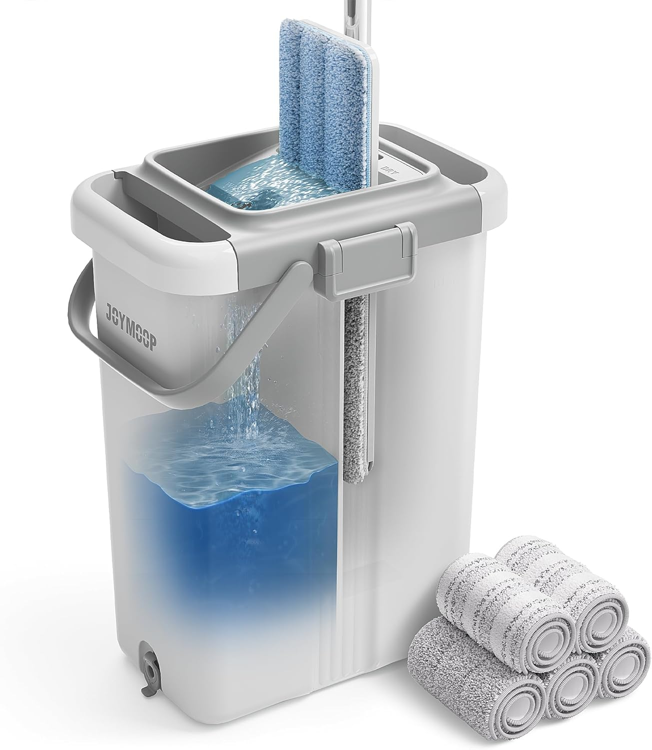 JOYMOOP Mop and Bucket Set with Wringer, Dust Mops for Floor Cleaning, Wall Cleaner with Long Handle, Microfiber Mop - White Bucket with 3 Reusable 15" Microfiber Pads