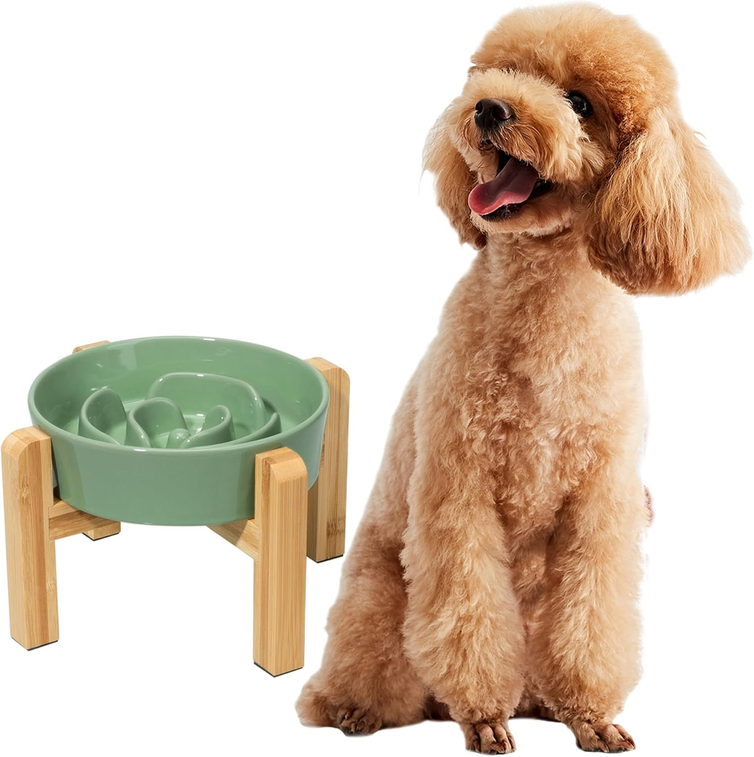 Elevated Slow Feeder Dog Bowl - Ceramic Food Dish with Bamboo Stand - Raised Maze Design - Ideal for Medium to Large Dogs - White - 8.8 Inch