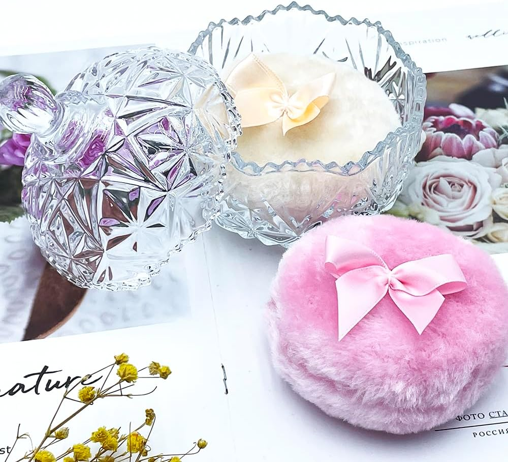 Luxury 4 Inch Glass Loose Powder Container with 2 Soft 3.5" Puffs｜Non-Sealed Refillable Organizer Storage for Body Powder Makeup & Jewelry & Setting Applicator(Crown-Clear) image number 3