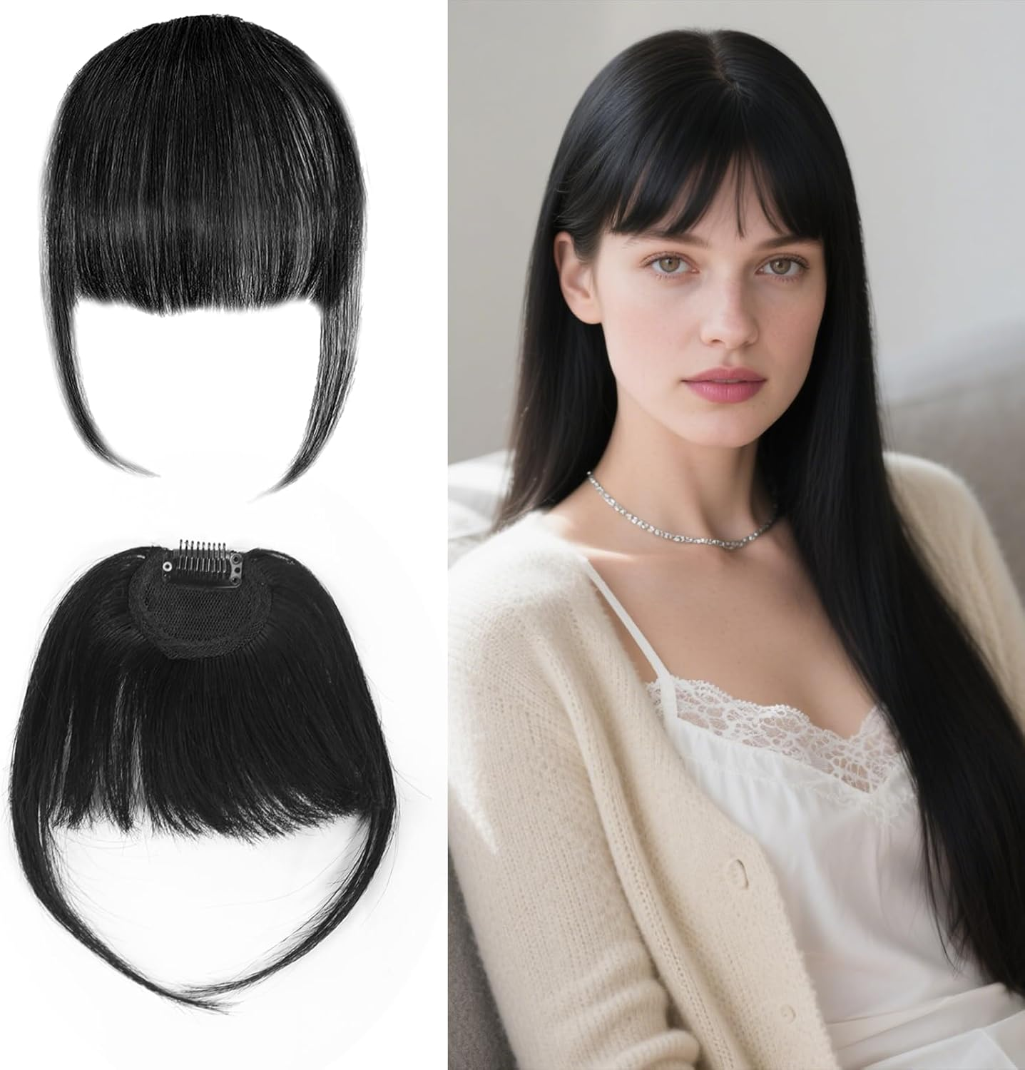 Clip-In Fringe 100% Real Hair Clip in Bangs Hair Extension Fringe with Temples Pony Extension Real Hair for Women (Black) image number 5