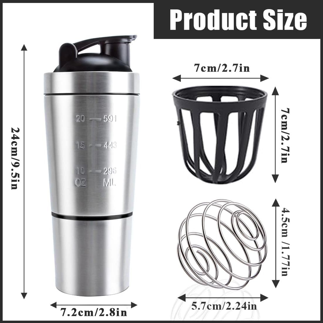 304 Stainless Steel Protein Mixer Cup, Single Layer Protein Shaker Bottle with Bottom Powder Storage, 2 Sections, Leak Proof Supplement Bottle with Detachable Strainer, Easy-Carry Handle [27Oz] image number 6