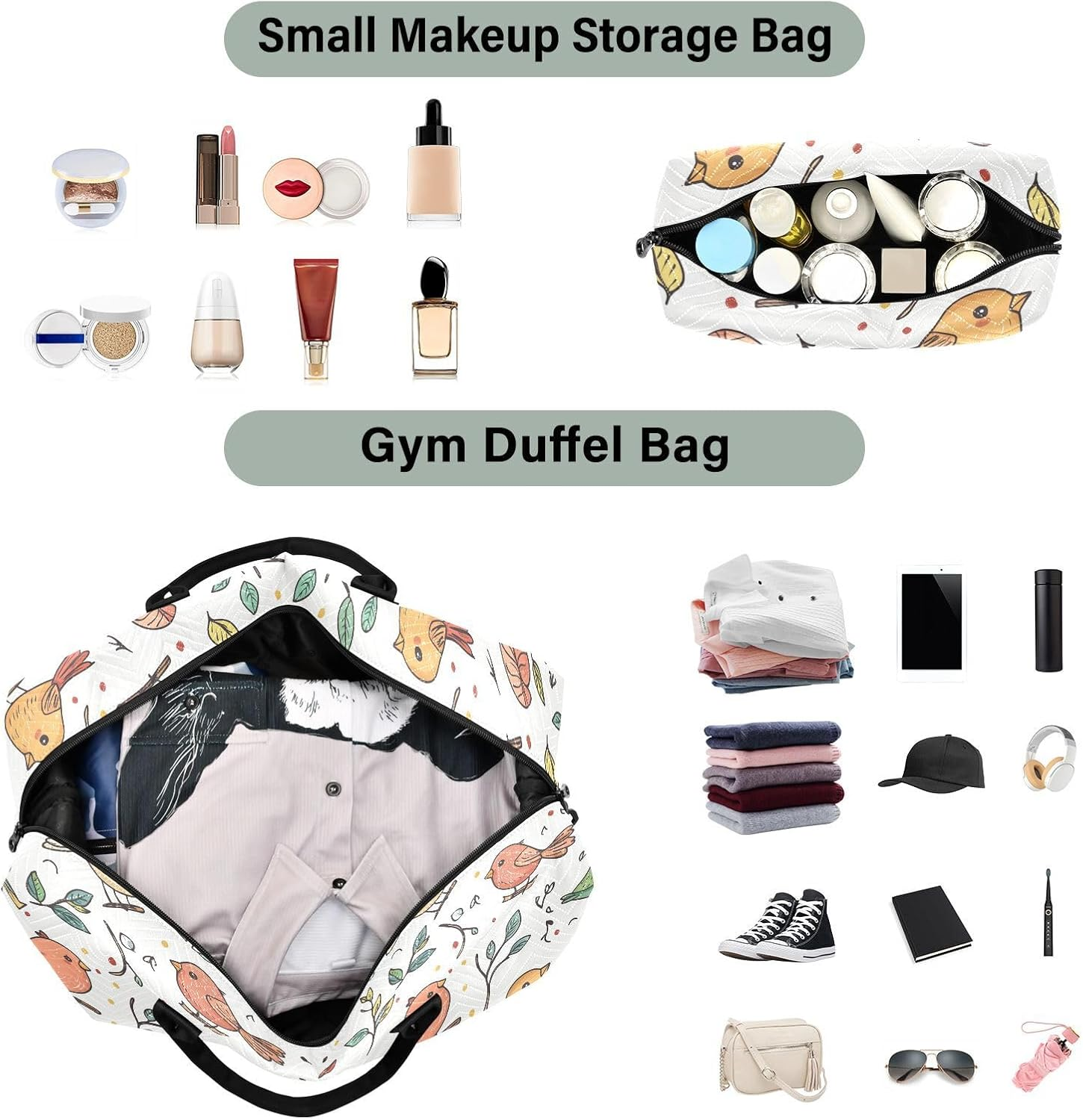 Travel Tote Bag Cartoon Childish Cute Birds Travel Weekender Gear Bag with Toiletry Bag for Gym 2 Pcs Set Bolsas Para Viajar En Avion De Mujer image number 3
